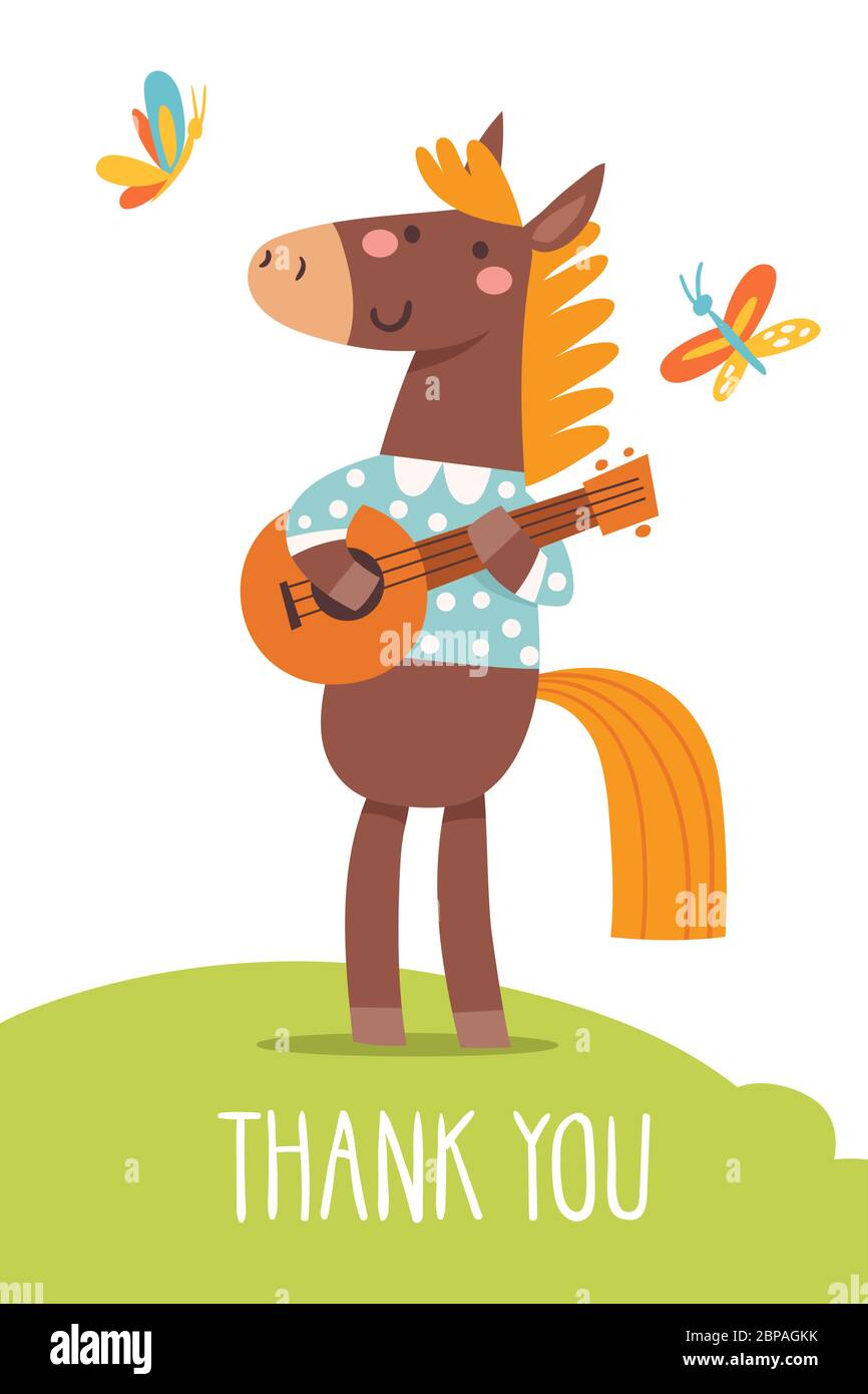 Lustige Cartoon Hand gezeichnetes Poster mit Pferd Musik zu spielen. Stock Vektor