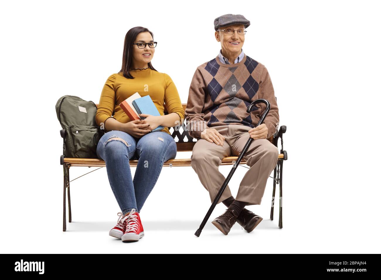 Ein älterer Mann und eine Studentin sitzen auf einer Bank isoliert auf weißem Hintergrund Stockfoto