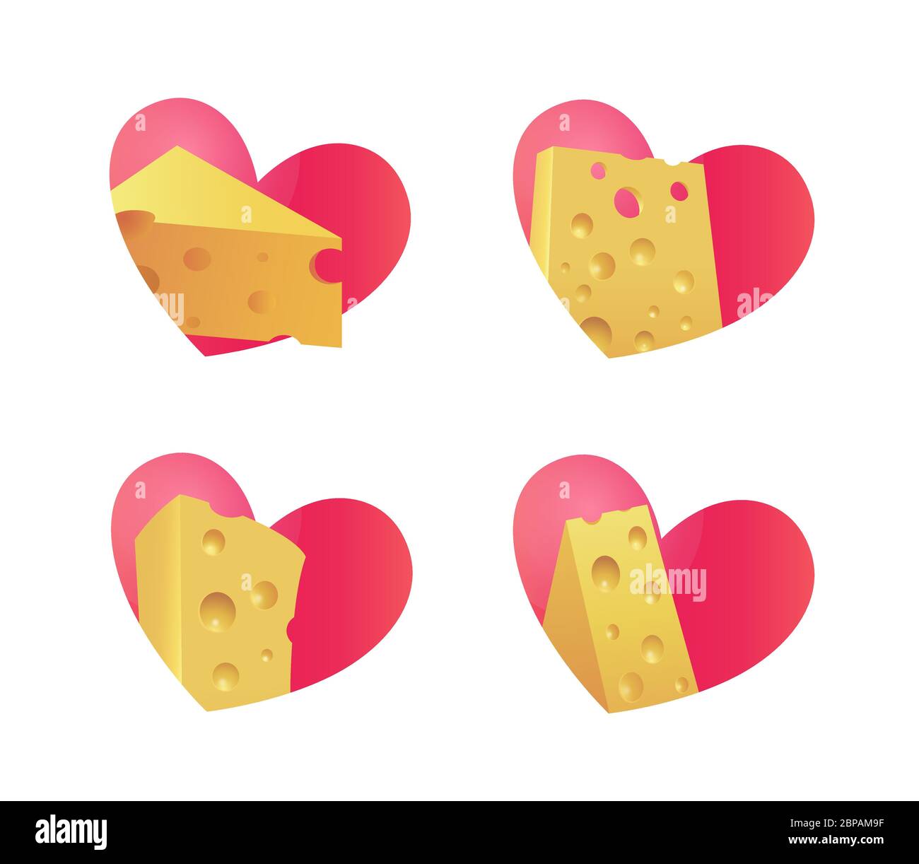 Käseemblem mit Herz. Set Aufkleber Valentines isoliert auf weiß. Stock Vektor