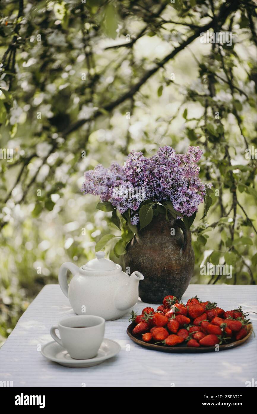 Tasse Tee, Croissants und frische Erdbeeren mit lila Blumen auf dem Tisch im Garten serviert. Vertikal. Stockfoto