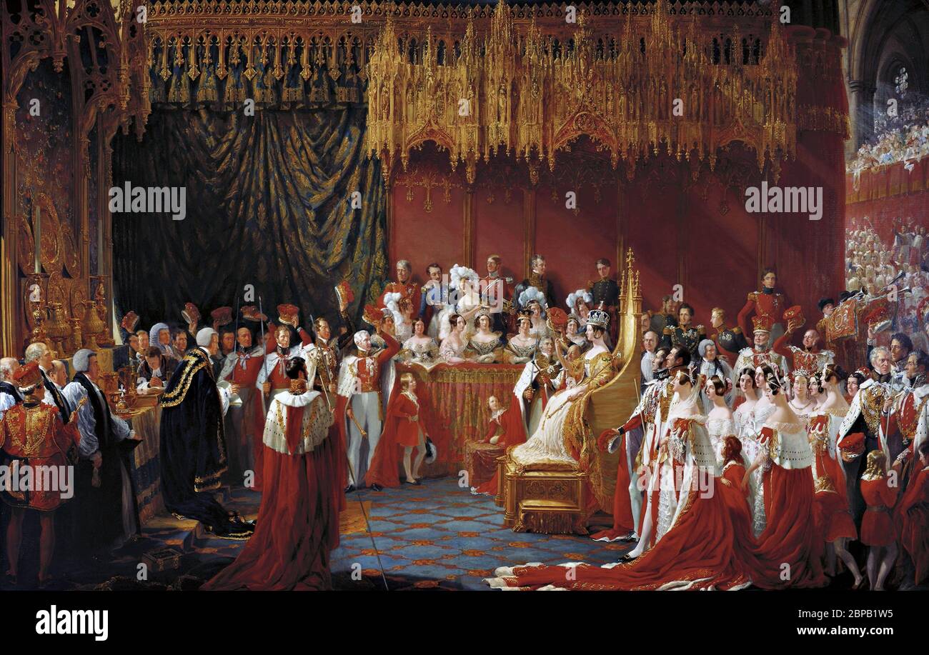 Gemälde der Krönung von Königin Victoria von England. Die Krönung von Königin Victoria in Westminster Abbey, 28. Juni 1838 von Sir George Hayter, Öl auf Leinwand, 1839 Stockfoto