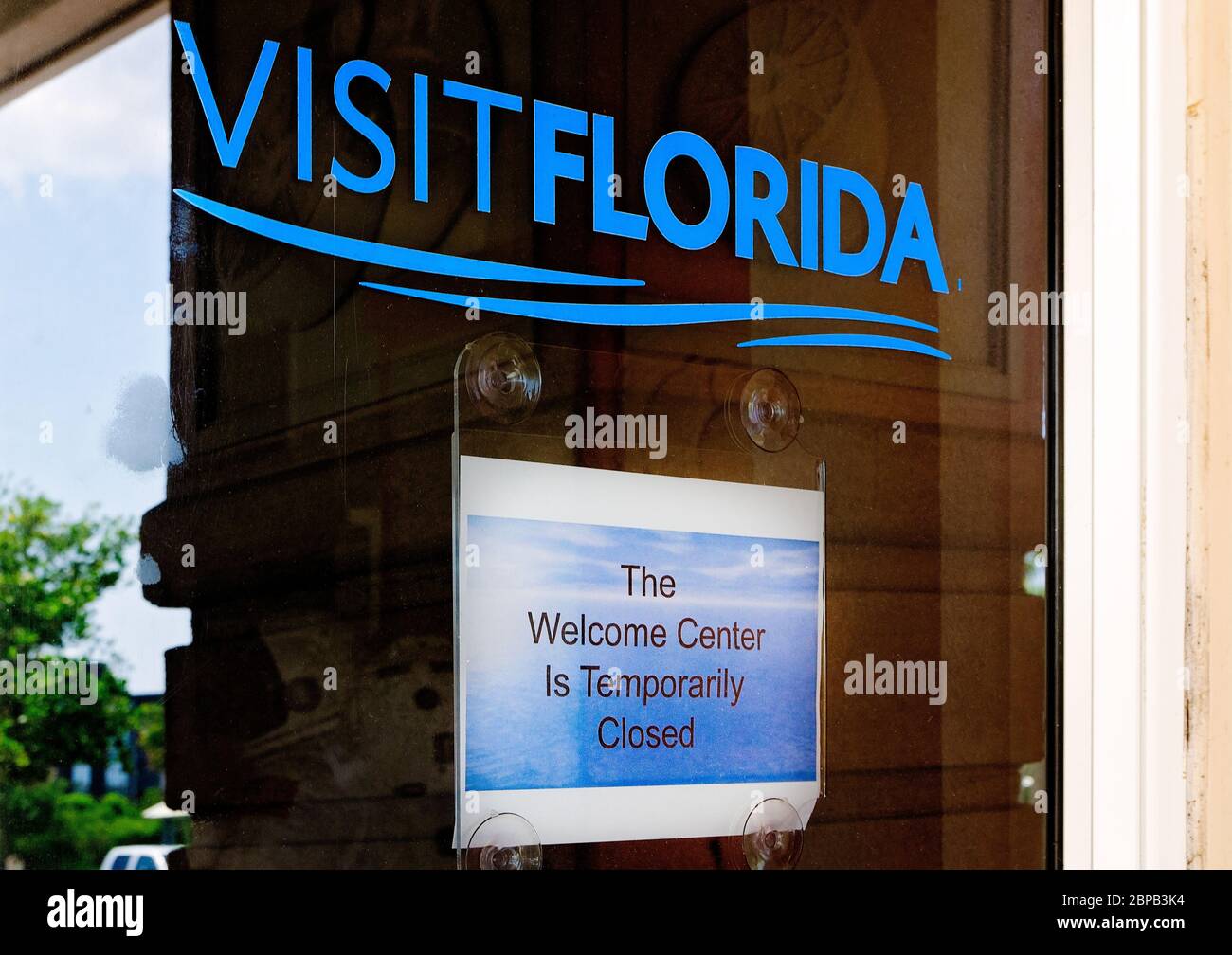 Das Florida Welcome Center auf der Interstate 10 ist wegen der COVID-19-Pandemie vom 16. Mai 2020 in Pensacola, Florida, vorübergehend geschlossen. Stockfoto