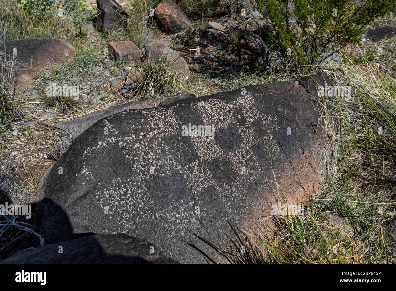 Beispiel für Felskunst mit einem Schachbrett geometrische Design, vor langer Zeit von Jornada Mogollon Menschen in Three Rivers Petroglyph Site in der erstellt Stockfoto