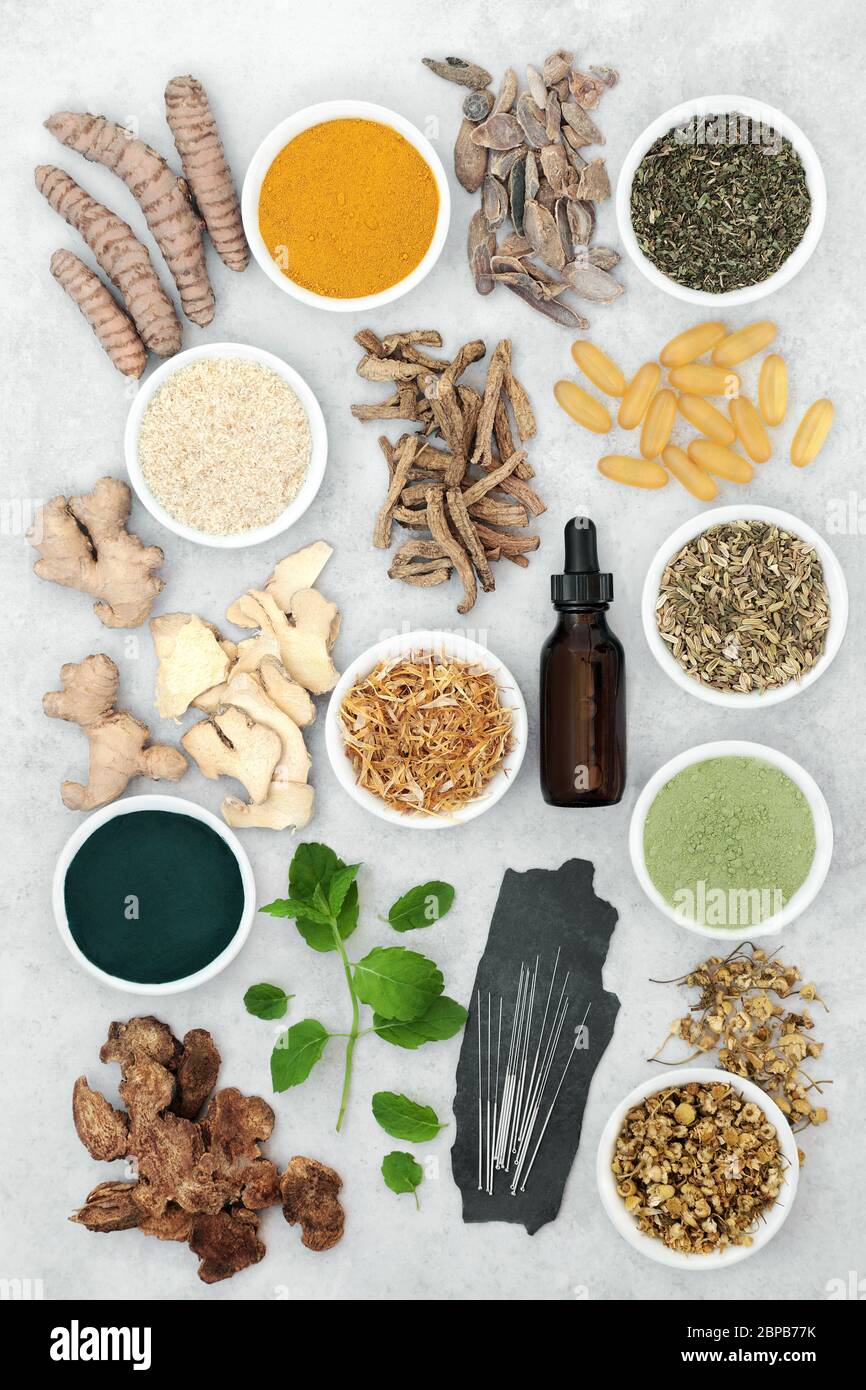 Gesunde Super-Food-Sammlung mit immun-stärkend Lebensmittel mit hohem Gehalt an Antioxidantien, Vitaminen, Mineralstoffen, Eiweiß, intelligente Kohlenhydrate, Omega-3 und Ballaststoffe. Flaches Lay. Stockfoto