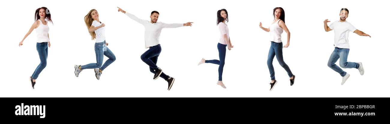 Collage aus glücklichen unbeschwerten Millennials Menschen springen in der Luft isoliert auf weißem Hintergrund. Eine Gruppe junger lächelnder Menschen fliegt Stockfoto