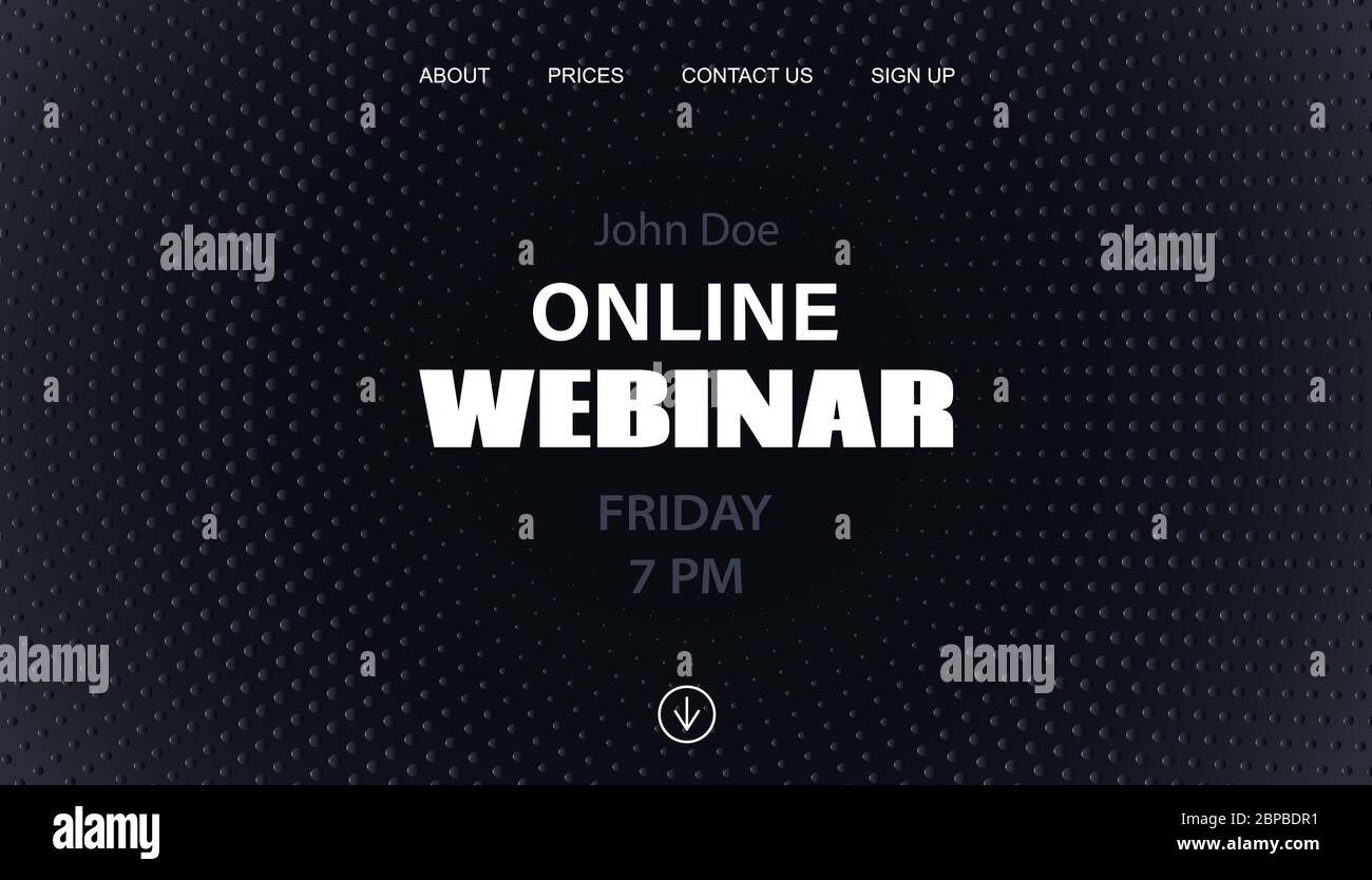 Vorlage für die Landing Page des Online-Webinars. Schwarzer minimaler Hintergrund für die Ankündigung einer Geschäftskonferenz Stock Vektor