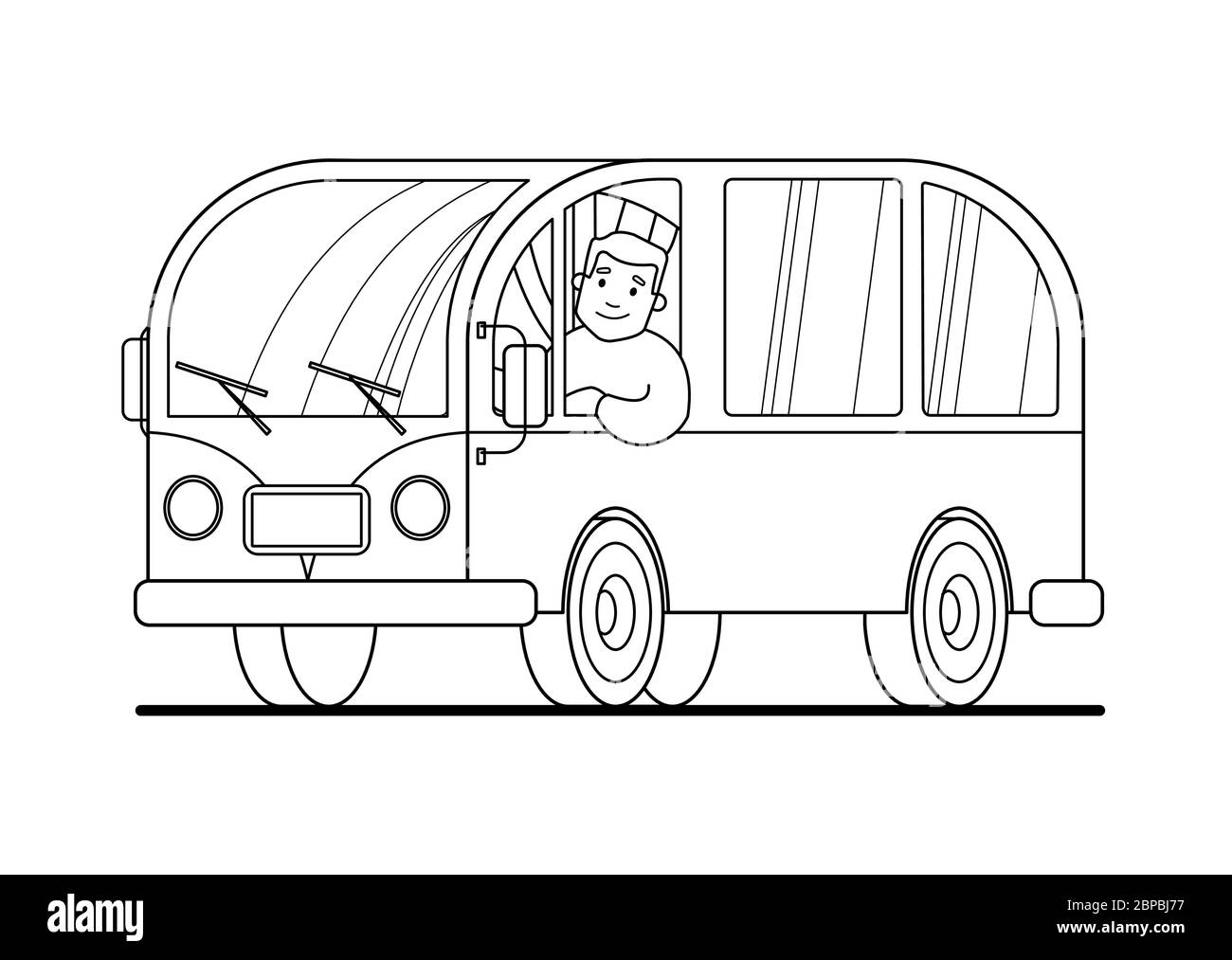 Minivan travel ein Mann fährt ein Auto. Glücklich Cartoon Mann in einem Retro-Minivan. Roadtrip, Sommerurlaub, Konturvektordarstellung. Zum Ausmalen Buch pa Stock Vektor