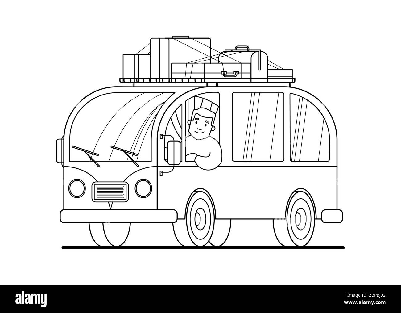 Minivan travel ein Mann fährt ein Auto. Glücklich Cartoon Mann in einem Retro-Minivan. Dachgepäckträger, Koffer. Roadtrip, Sommerurlaub, Konturvektor Abb. Stock Vektor