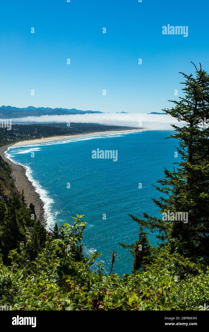 Vertikales Foto - Blick auf die zerklüftete Küste in Oregon mit Nebel in der Ferne an Land. Stockfoto