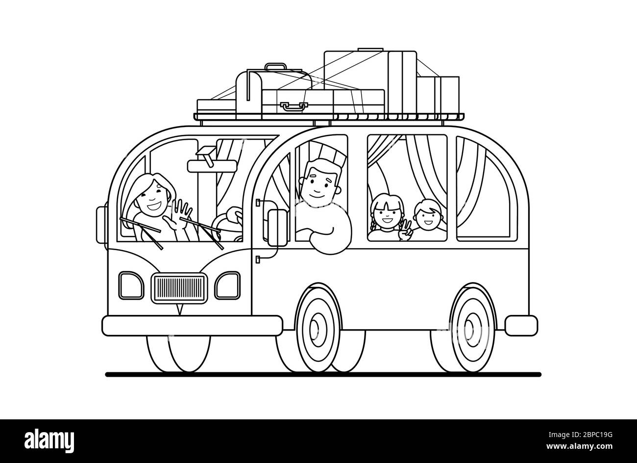 Kontur. Familienausflug mit dem Kleinbus; Vater fährt, Mutter, Kinder; Camping. Glücklich Cartoon Menschen Kinder in einem Retro-Minivan. Roadtrip, Sommerurlaub. Stock Vektor