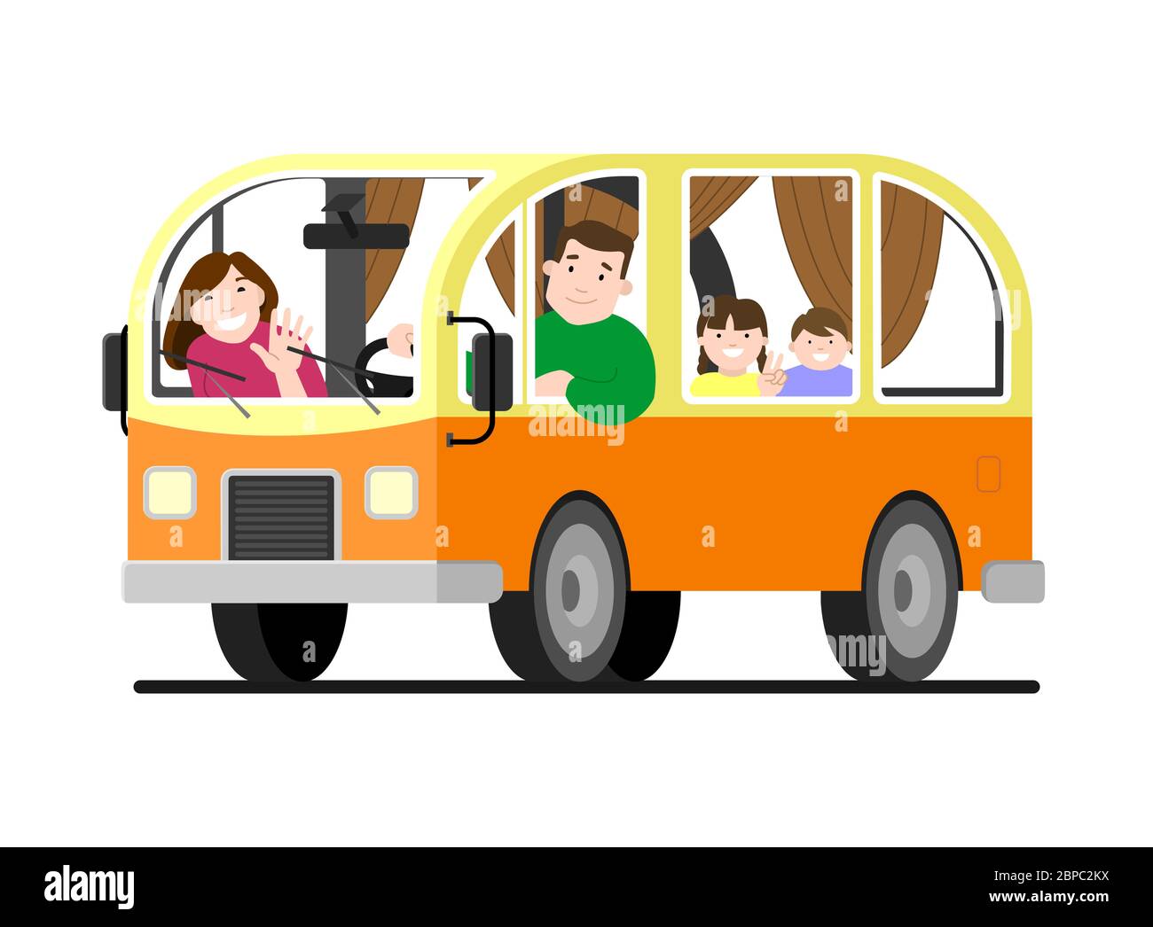 Eine Familienreise im Kleinbus; Vater fährt, Mutter, Kinder; Camping. Glücklich Cartoon Menschen Kinder in einem Retro-Minivan. Roadtrip, Sommerurlaub. Stock Vektor