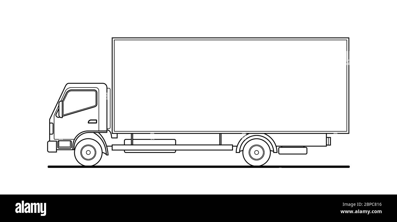 Vektor-Umriss LKW, LKW, Seitenansicht. Weiße leere Vorlage LKW für Werbung, zum Ausmalen Bücher. Güterverkehr. Moderne flache Vektor Abb. Stock Vektor