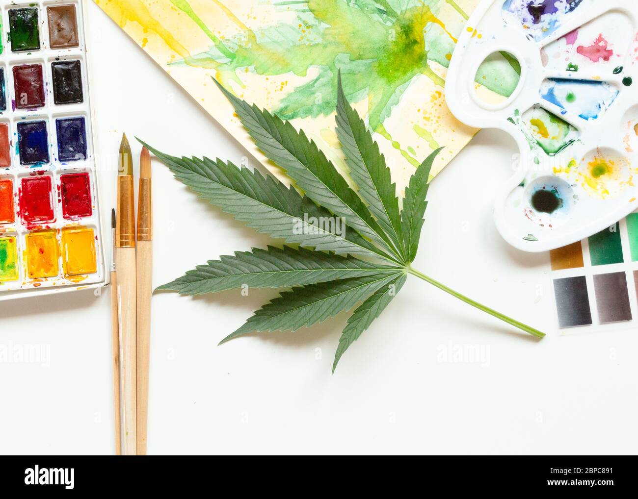 Set von Aquarellfarben, Kunstpinsel, Palette und leeres Album. Marihuana-Blatt. Cannabis offenbart Kreativität. Der Begriff der Kunst Stockfoto