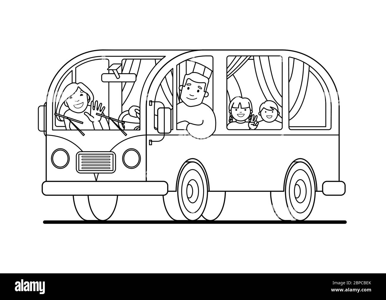 Eine Familienreise im Kleinbus; Vater fährt, Mutter, Kinder; Camping. Glücklich Cartoon Menschen Kinder in einem Retro-Minivan. Roadtrip, Sommerurlaub. Konti Stock Vektor