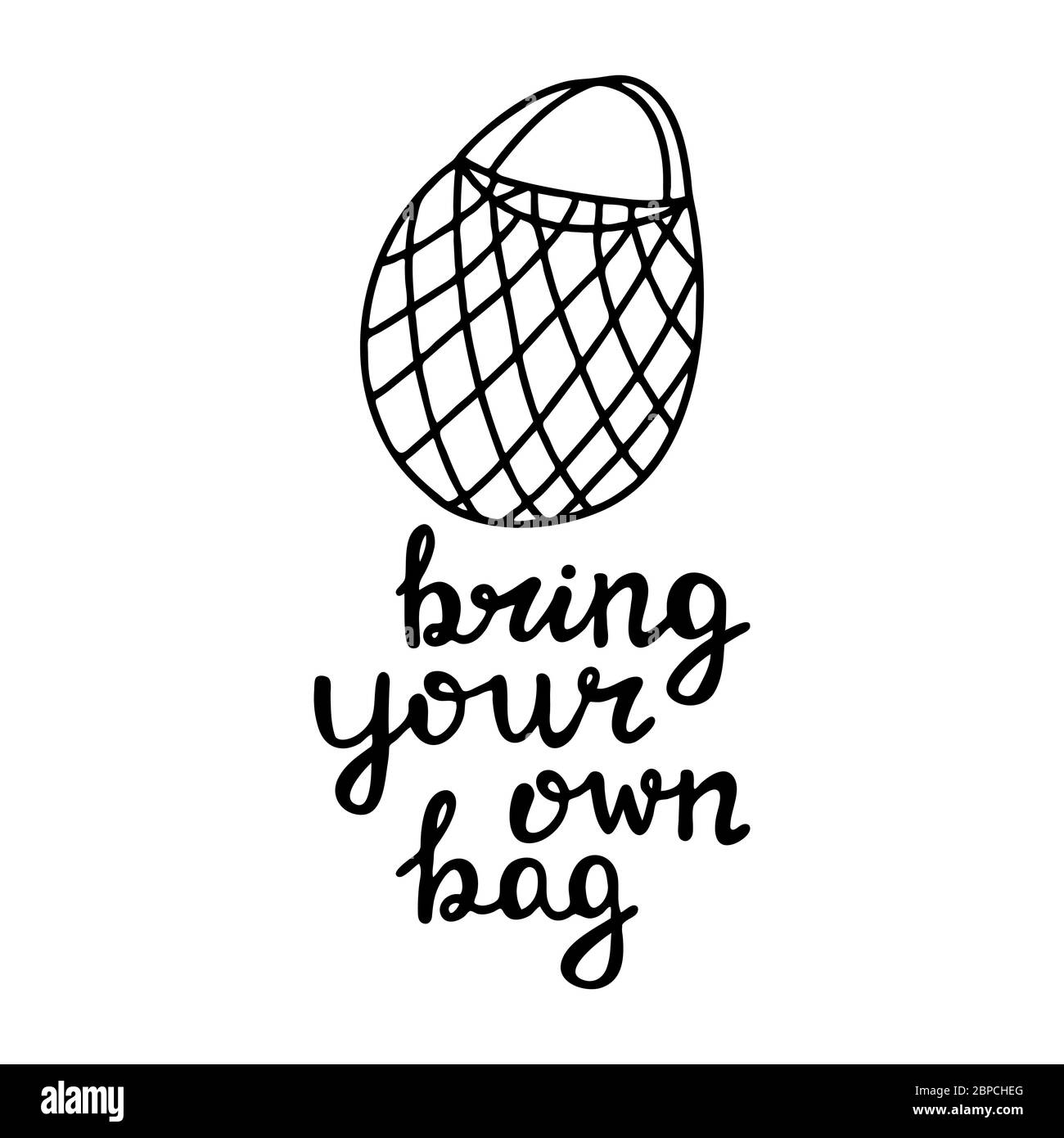 Niedliche Hand gezeichnet Doodle String Baumwolle Öko-Tasche. Bringen Sie Ihr eigenes Taschenangebot mit. Isoliert auf weißem Hintergrund. Vektorgrafik. Stock Vektor