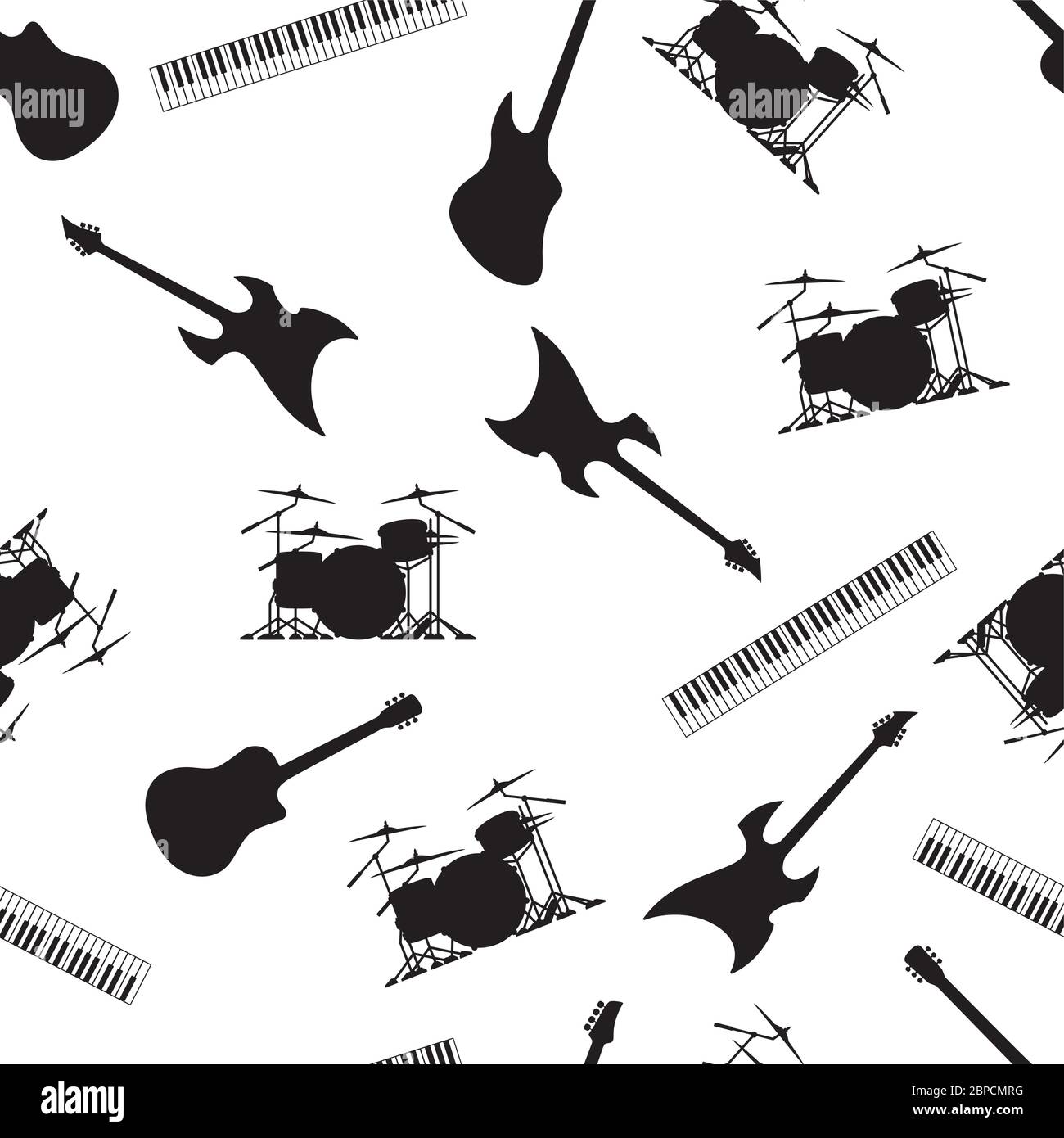 Gitarre, Drums, Keyboards und Bass, Musikinstrumente Nahtloses Muster Vektor Illustration Stock Vektor