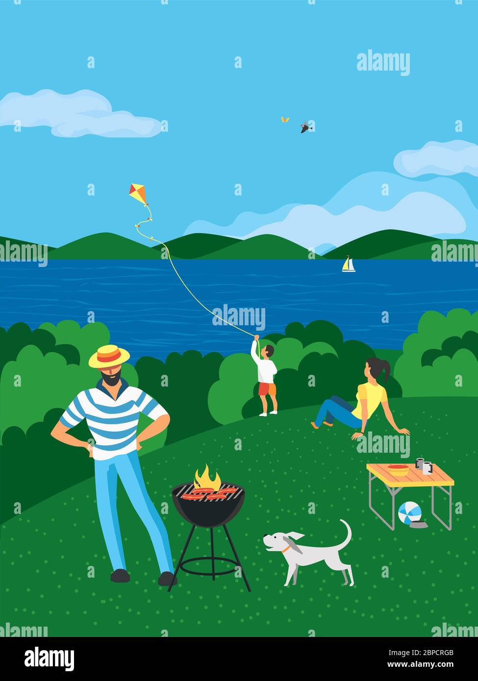 Familie Grill Picknick auf Natur flach Vektor. Sommer Outdoor-Aktivitäten Konzept. Fluss Ufer Szene Cartoon Hintergrund. Ferienzeit Freizeit Stock Vektor