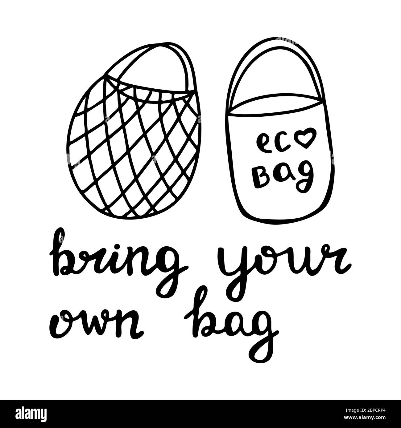 Niedliche handgezeichnete Doodle String und Baumwolle Öko-Tasche. Bringen Sie Ihr eigenes Taschenangebot mit. Isoliert auf weißem Hintergrund. Vektorgrafik. Stock Vektor