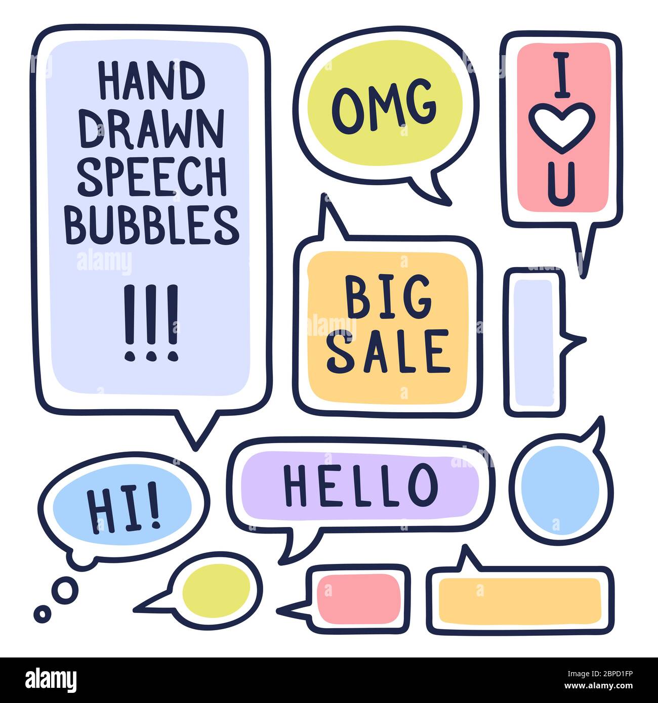 Hand gezeichnete Doodle Sprechblasen mit Akzentuierung gesetzt, gefüllt mit Malstrichen und Beispieltexten großer Verkauf, Hallo, Hallo, liebe dich'. Vektorgrafik Stock Vektor