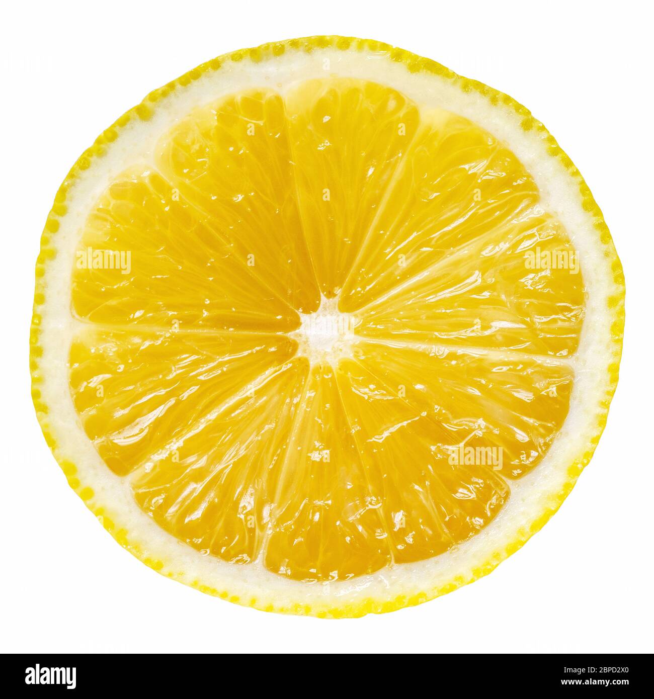 Zitronenscheibe isoliert auf weißem Hintergrund, frisches Zitrusfrucht-Design-Element. Stockfoto