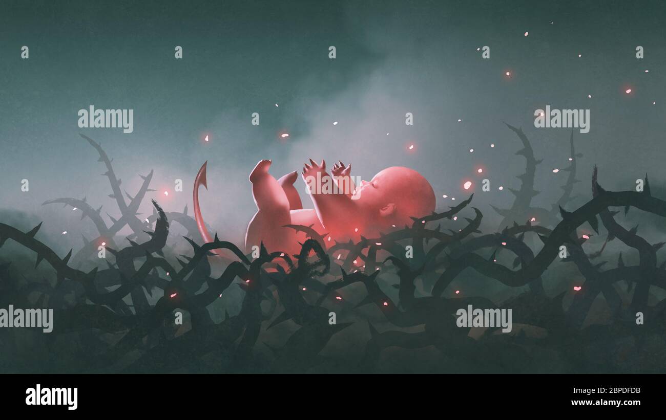 Das rote Neugeborene Baby, das in Dornenästen liegt, digitaler Kunststil, Illustration Malerei Stockfoto