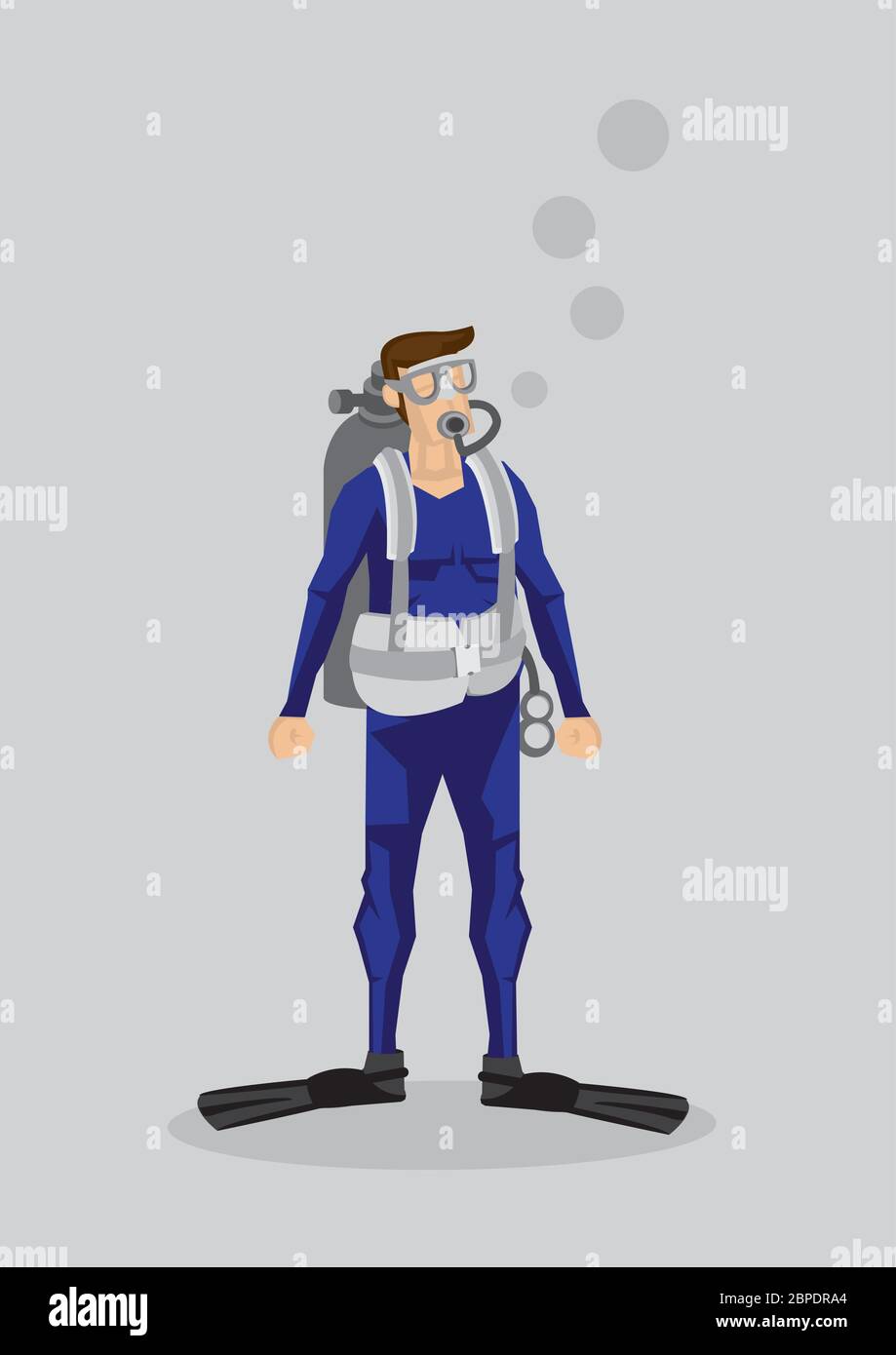 Vektor-Illustration eines Taucher Charakter in Tauchanzug, Schwimmflossen und Sauerstofftank isoliert auf klarem Hintergrund. Stock Vektor
