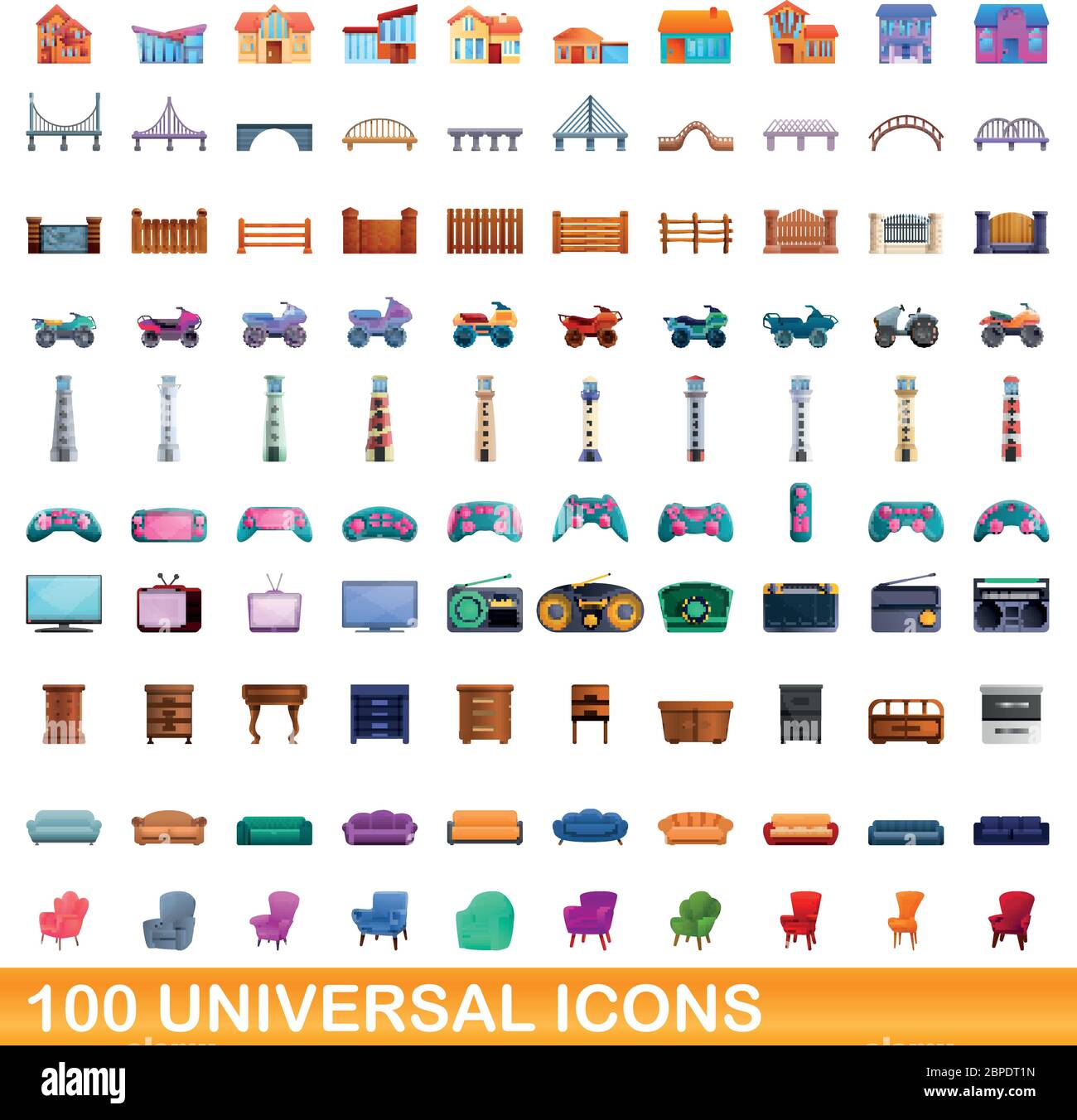 100 universelle Symbole gesetzt. Cartoon Illustration von 100 universelle Symbole Vektor auf weißem Hintergrund einstellen Stock Vektor