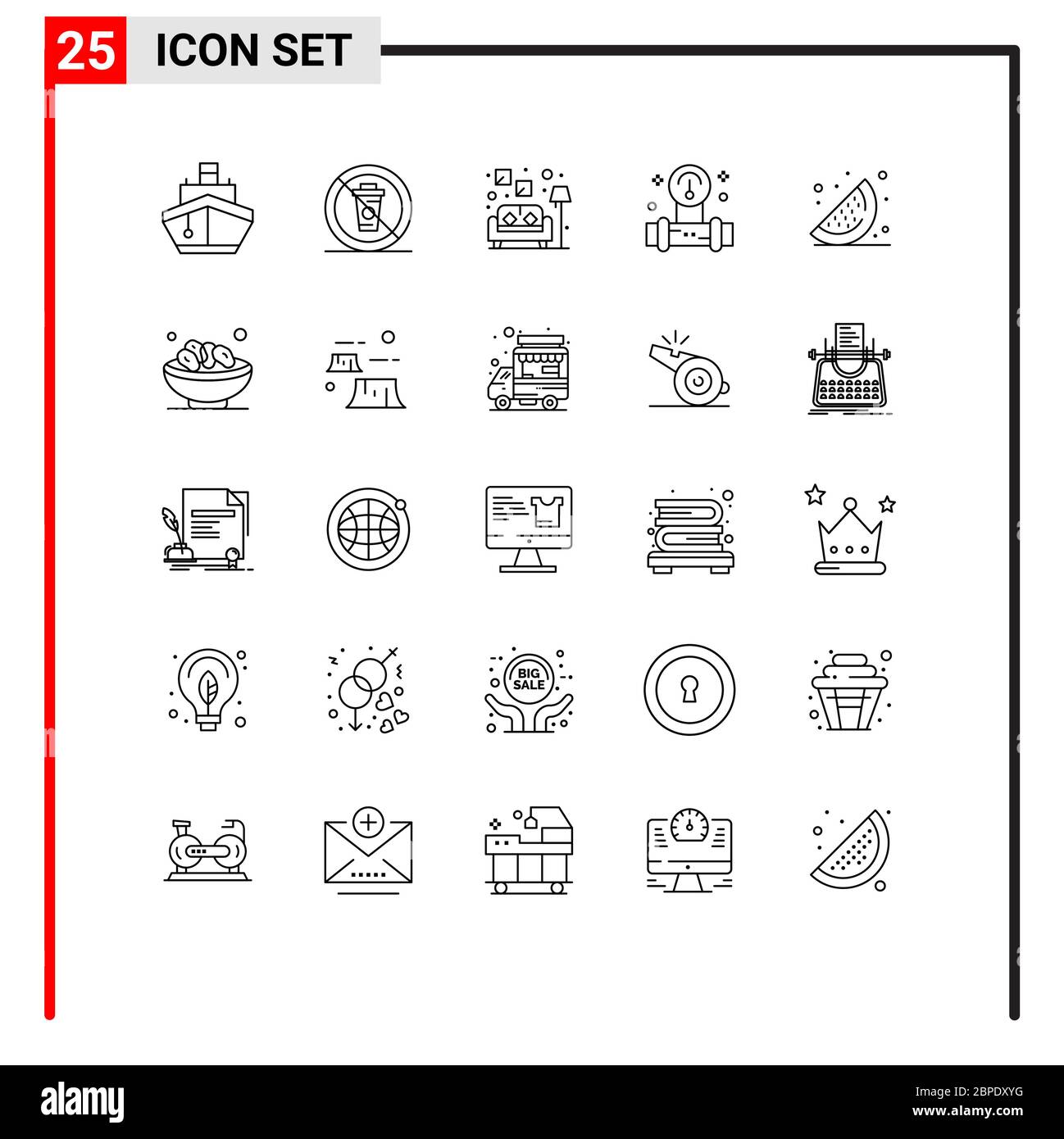 25 Universal Line Signs Symbole von Lebensmitteln, Werkzeugen, keine, plump, Sofa editierbar Vektor Design-Elemente Stock Vektor