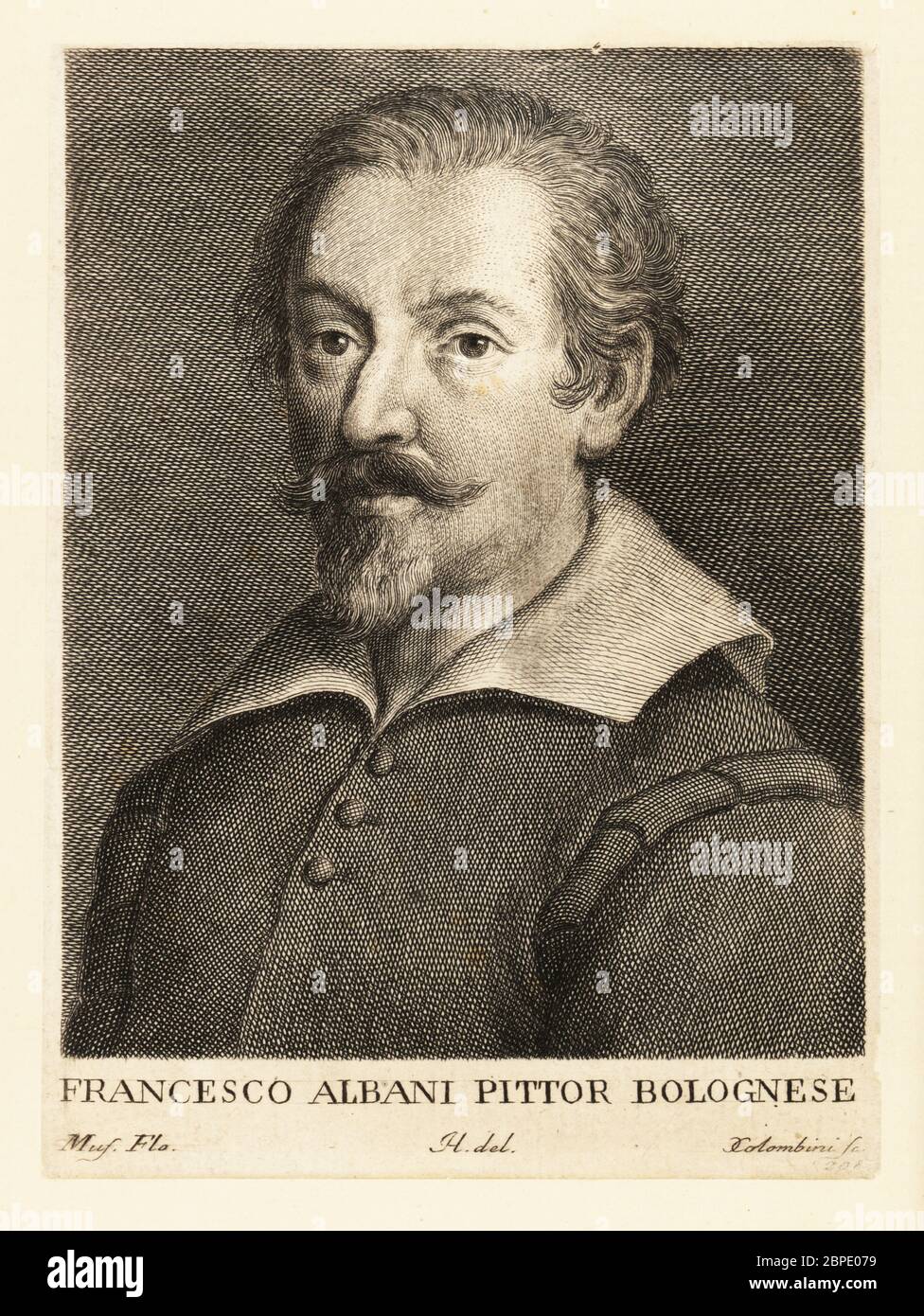 Francesco Albani oder Albano, italienischer Barockmaler, der 1578-1660 in Bologna, Rom und Florenz tätig war. Francesco Albani Pittor Bolognese, Kupferstich von Cosimo Colombini nach einer Zeichnung von Ignatius Hugford nach einem Selbstporträt von Albani in Gaetano Cambiagis Serie degli Uomini i più ilhri nella pittura, scultura e architettura,Serie der berühmtesten Männer in Malerei, Skulptur und Architektur, Florenz, 1769. Stockfoto