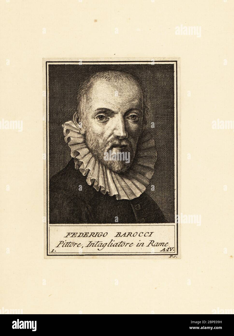 Porträt von Federico Barocci (c. 1535-1612), italienischer Renaissance-Maler und Grafiker. Sein ursprünglicher Name war Federico Fiori, und er wurde Il Baroccio genannt. Federigo Barocci, Pittore, Itagliatore in Rame. Kupferstich von P nach einem Selbstporträt von Barocci. Stockfoto Porträt von Federico Barocci (c. 1535-1612), italienischer Renaissance-Maler und Grafiker. Sein ursprünglicher Name war Federico Fiori, und er wurde Il Baroccio genannt. Federigo Barocci, Pittore, Itagliatore in Rame. Kupferstich von P nach einem Selbstporträt von Barocci. Stockfoto