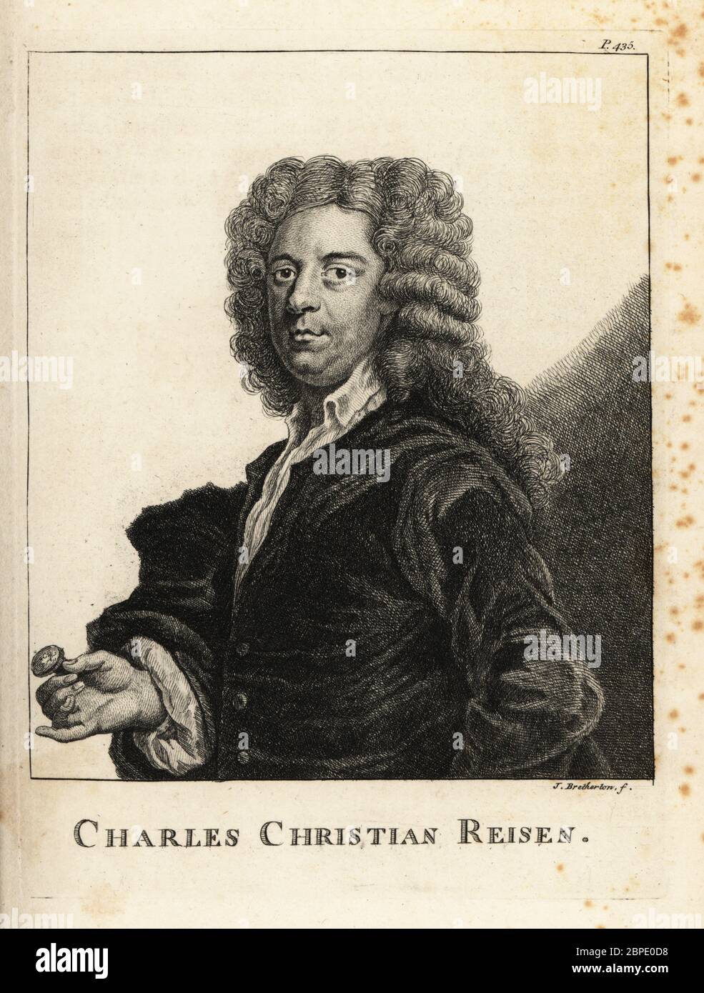 Porttrait von Charles Christian Reisen (1680-1725), englischer Edelsteingravur und Siegelgravur.. Ein Kamee in der Hand halten. Kupferstich von James Bretherton nach einem Porträt von John Vanderbank, um 1762. Stockfoto