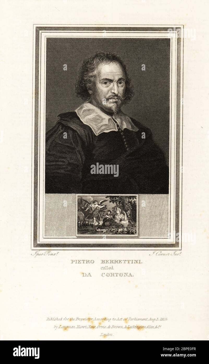 Porträt von Pietro da Cortona, italienischer Barockmaler und Architekt, 1596-1669. Pietro Berrettini nannte Da Cortona. Medaillon zeigt Hagar und den Engel. Stahlstich von John Corner nach einem Selbstporträt von da Cortona aus Porträts berühmter Maler mit Medaillons aus ihren besten Aufführungen, Longman Hurst, Rees, Orme & Brown, London, 1825. Stockfoto