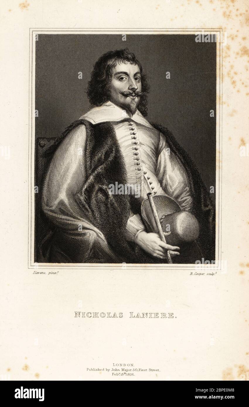 Porträt von Nicholas Laniere, englischer Komponist, Meister der Königsmusik, Musiker, Sammler, Radierer und Kunstberater, 1588-1666. Stahlstich von R. Cooper nach einem Porträt von Jan Lievens aus Horace Walpoles Anekdoten der Malerei in England, herausgegeben von John Major, 50 Fleet Street, London, 1826. Stockfoto