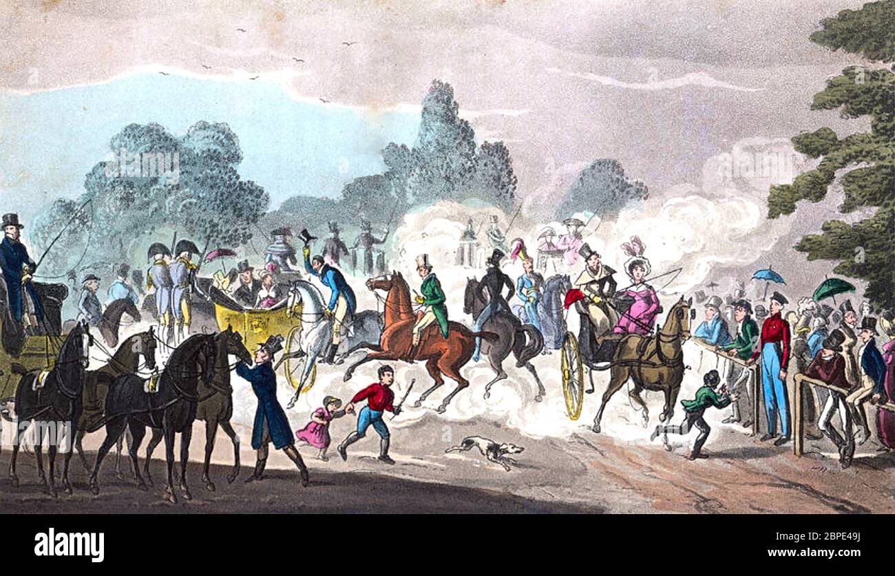 ROTTEN ROW, Hyde Park, London in einer satirischen Karikatur von 1820. Stockfoto