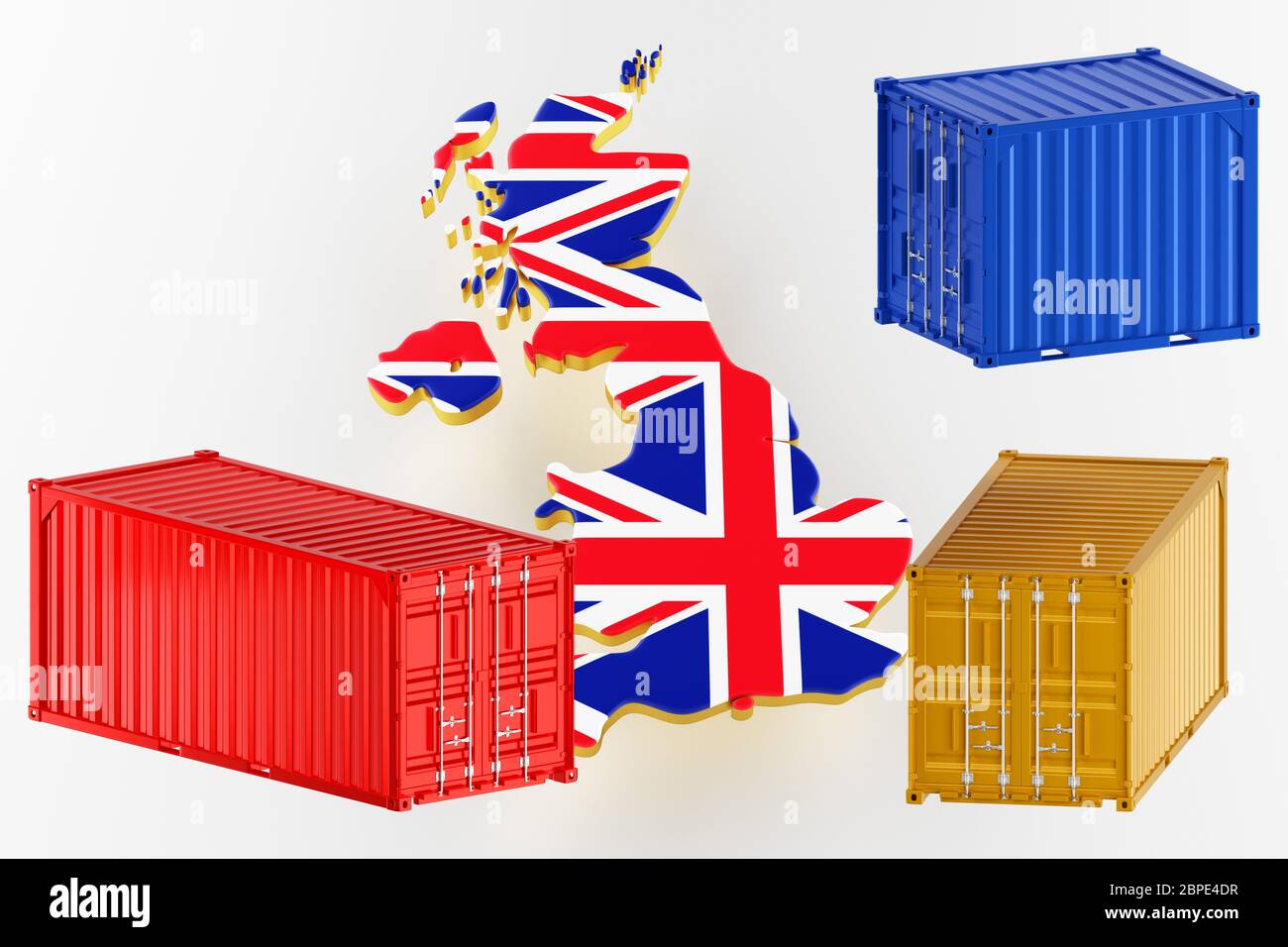 3D-Karte von Großbritannien. Frachtversand in Containern. Export aus dem Land in Containern. 3d-Rendering Stockfoto
