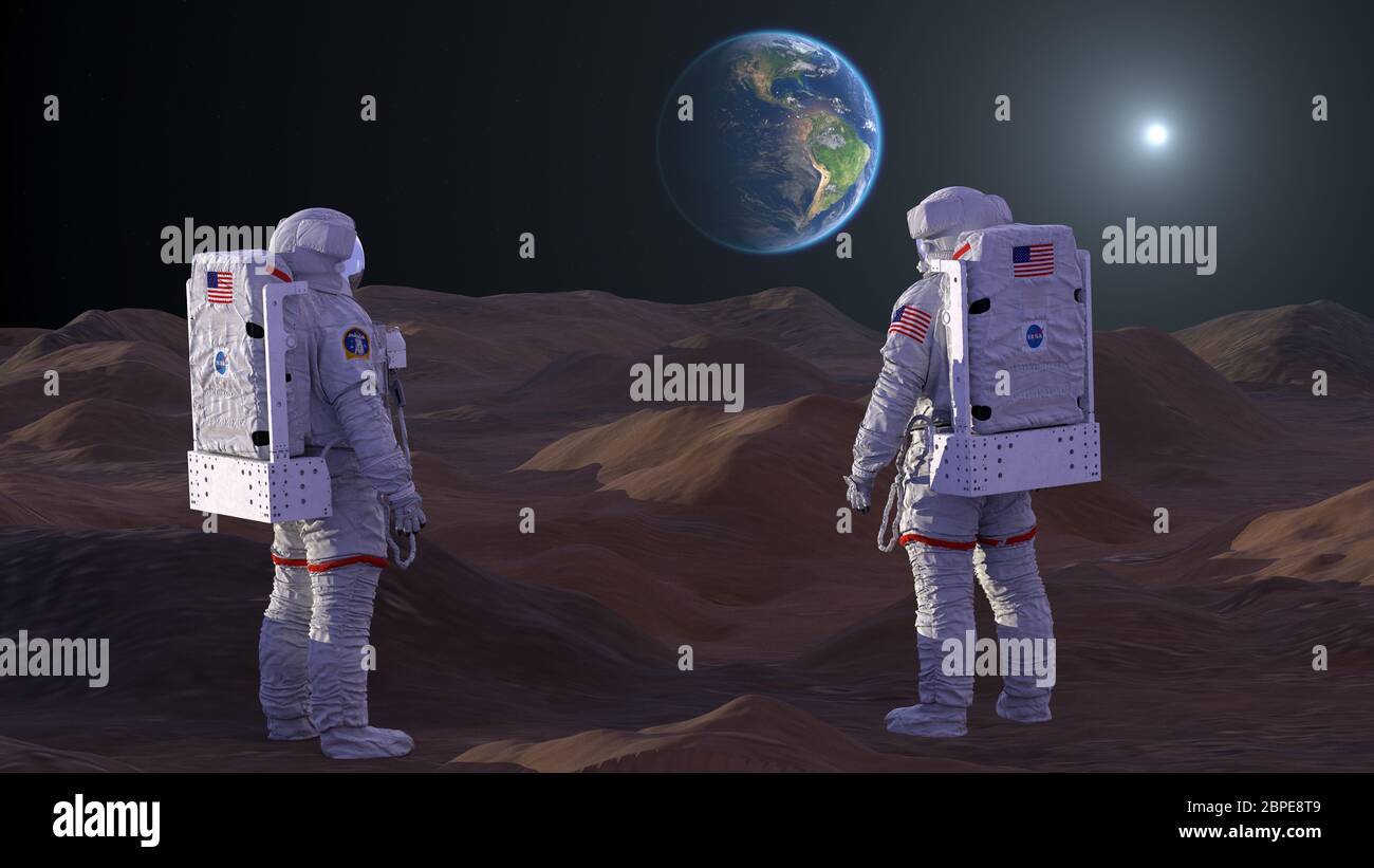 NASA-Astronauten betrachten den Planeten Erde von der Oberfläche des Mars aus Stockfoto