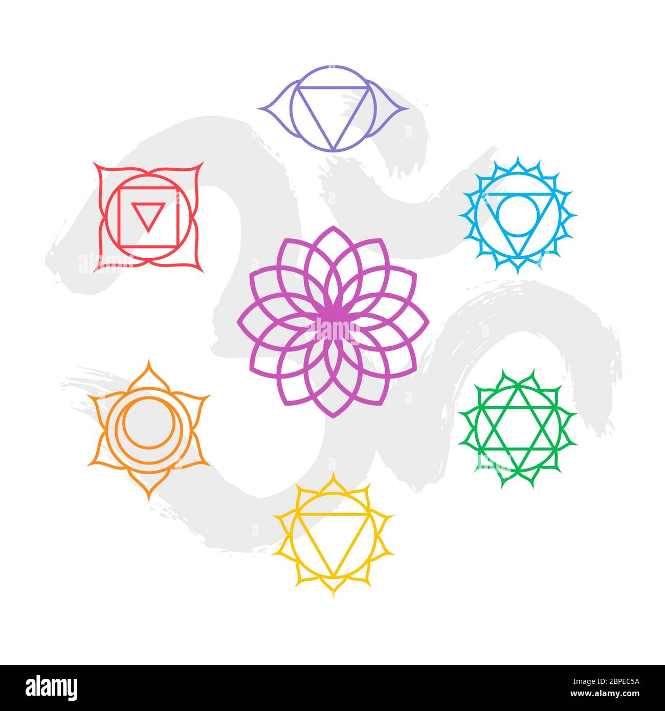 Satz von einfachen Umriss Chakra Symbole mit Om handgemachte Kalligraphie Hintergrund. EPS10 Vektor. Stockfoto