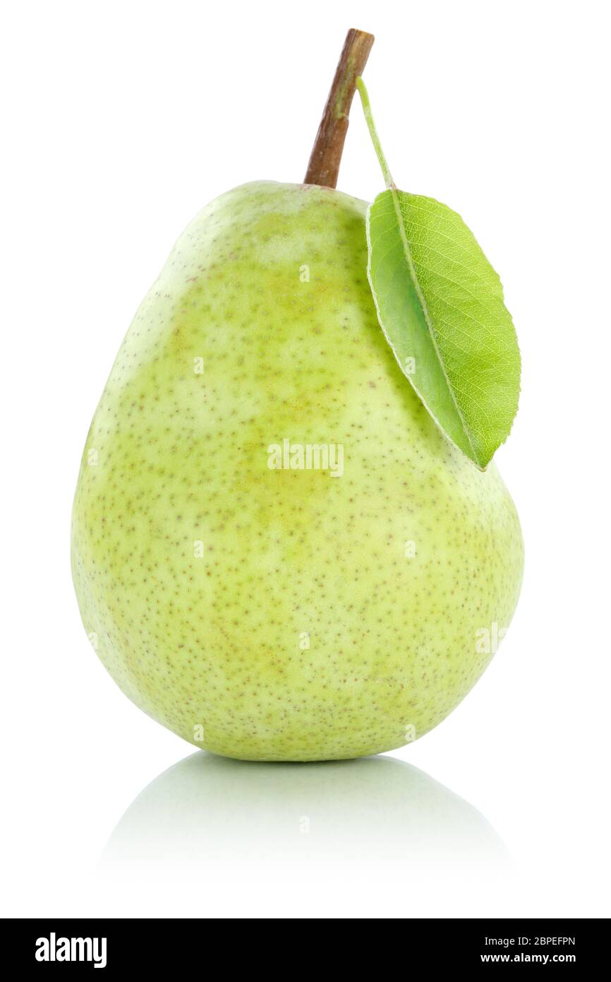 Birne Frucht Obst grün Freisteller freigestellt isoliert vor einem weissen Hintergrund Stockfoto