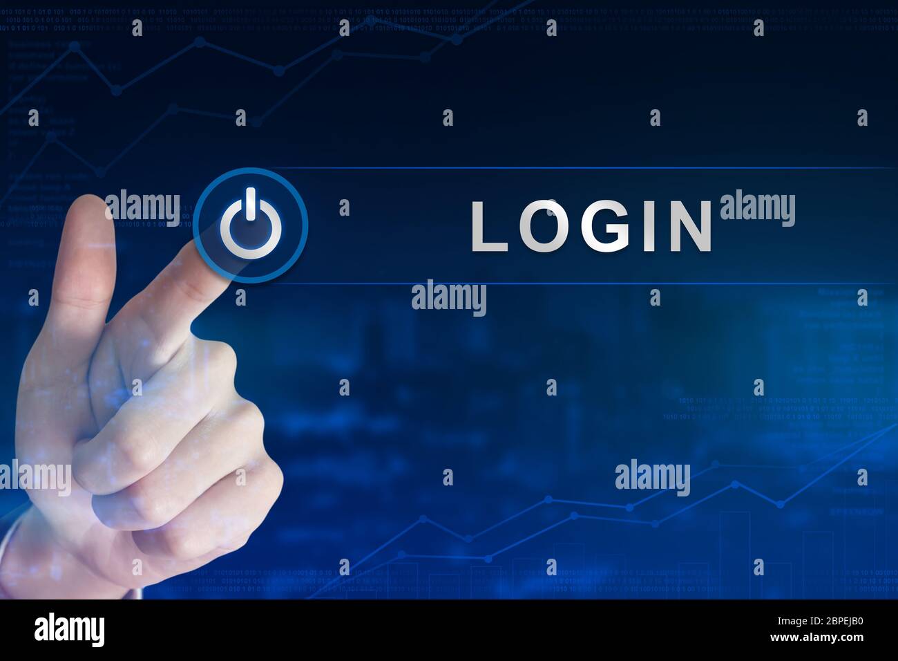 Doppelbelichtung Business hand Klick auf Login-Button mit unscharfen Hintergrund Stockfoto