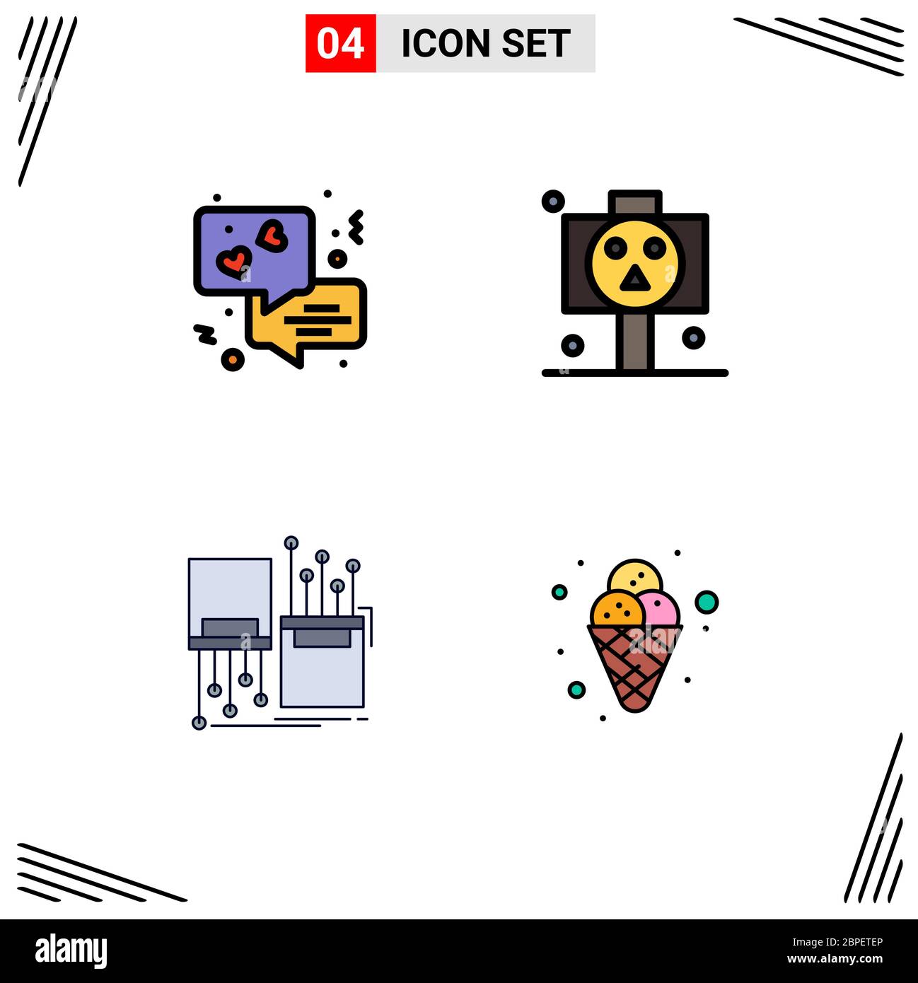 Set von 4 modernen UI-Symbole Symbole Zeichen für Chat, Elektronik, Brett, Schädel, Kabel editierbar Vektor Design-Elemente Stock Vektor