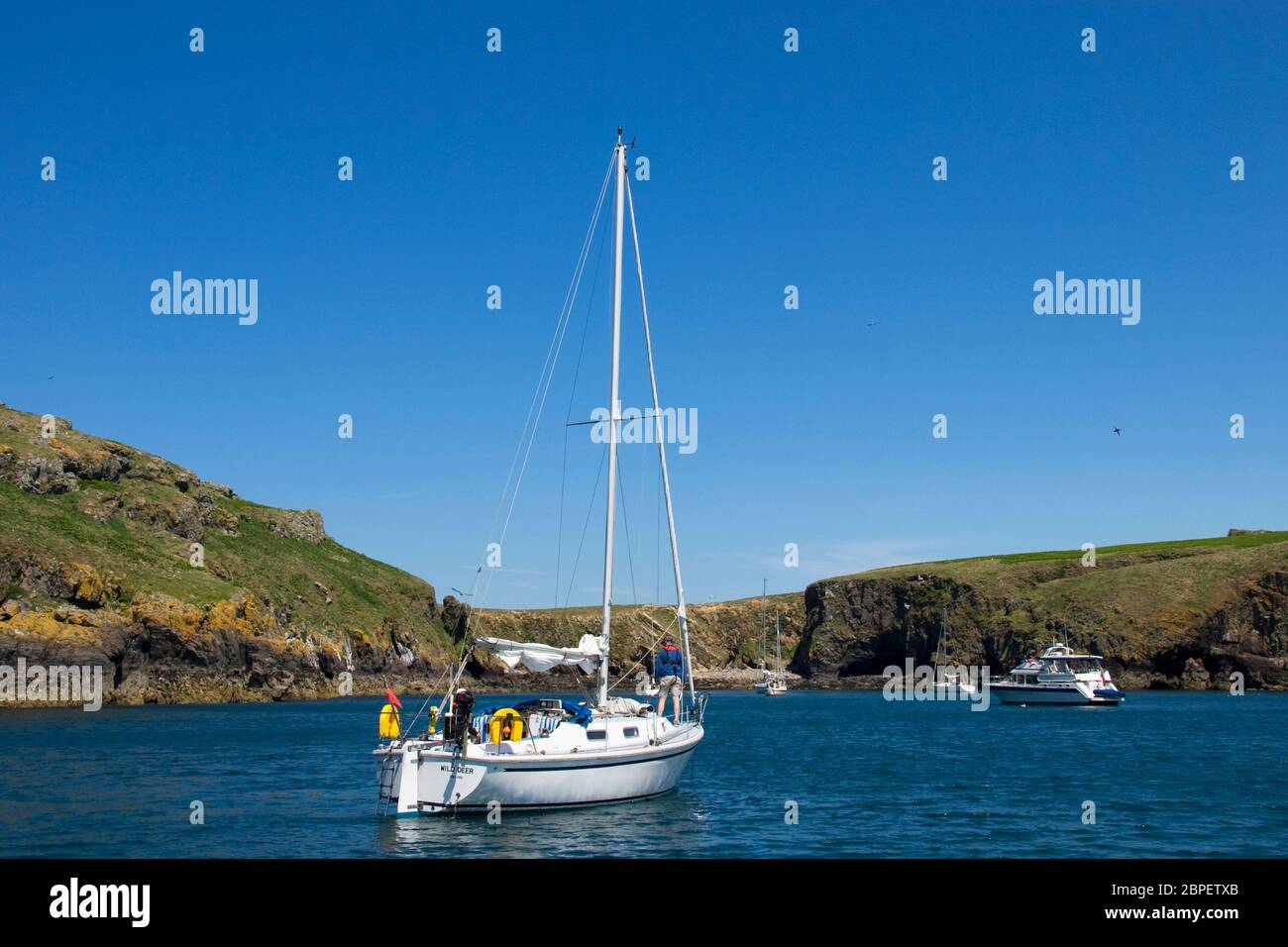 Segelyacht in ruhiger Bucht, Wales, vertäut Stockfoto