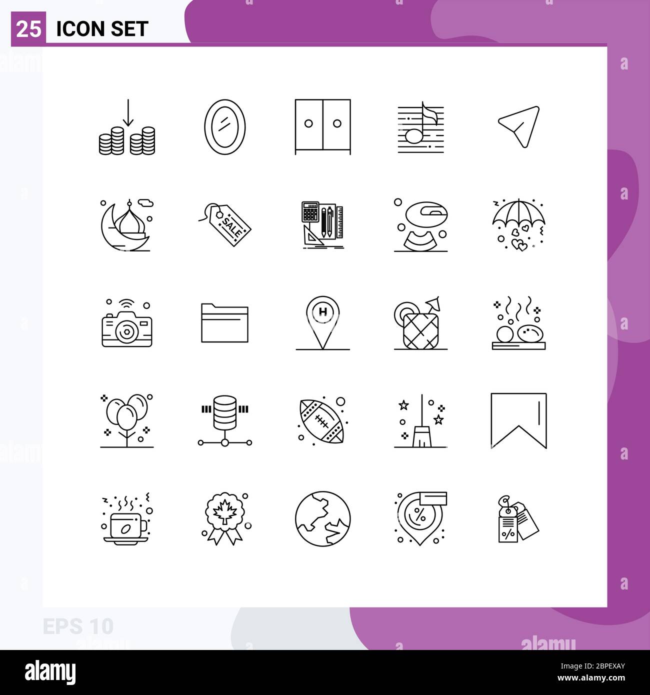Set von 25 modernen UI-Symbole Symbole Zeichen für Stift, Medien, Möbel, Sound, Musik editierbar Vektor Design-Elemente Stock Vektor