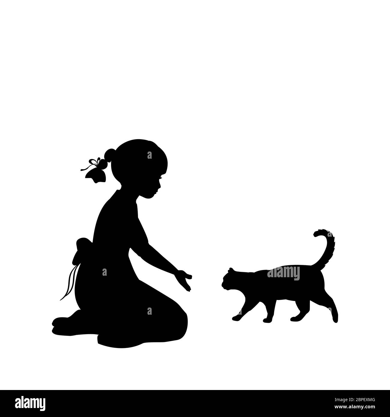 Silhouette Mädchen sitzen, knien winken Katze. Vector Illustration Stockfoto