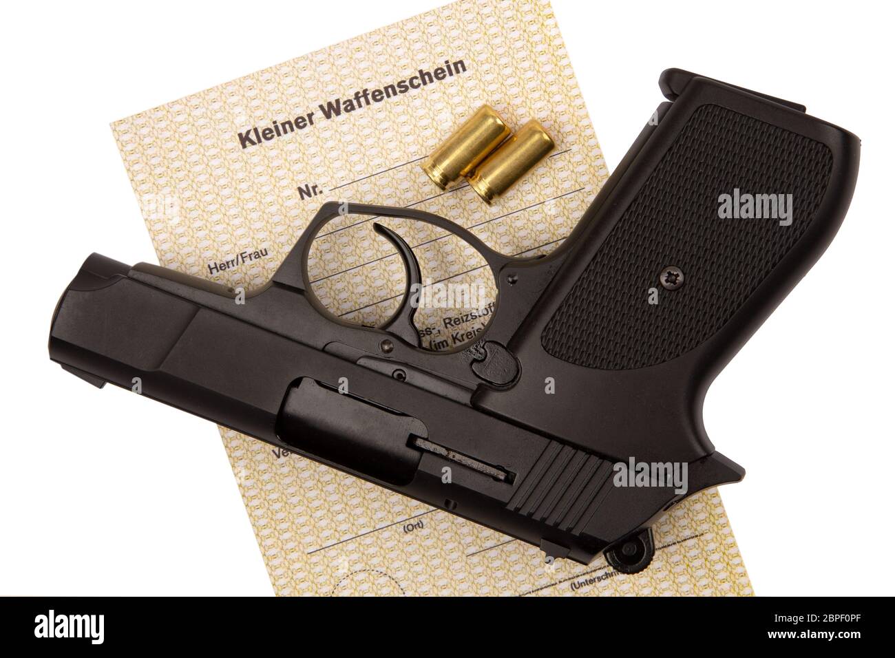 Deutsche Text: Kleine Waffe Certificateand Schrotflinte in Deutschland  erlaubt Schrotflinte und gas Pistolen Stockfotografie - Alamy