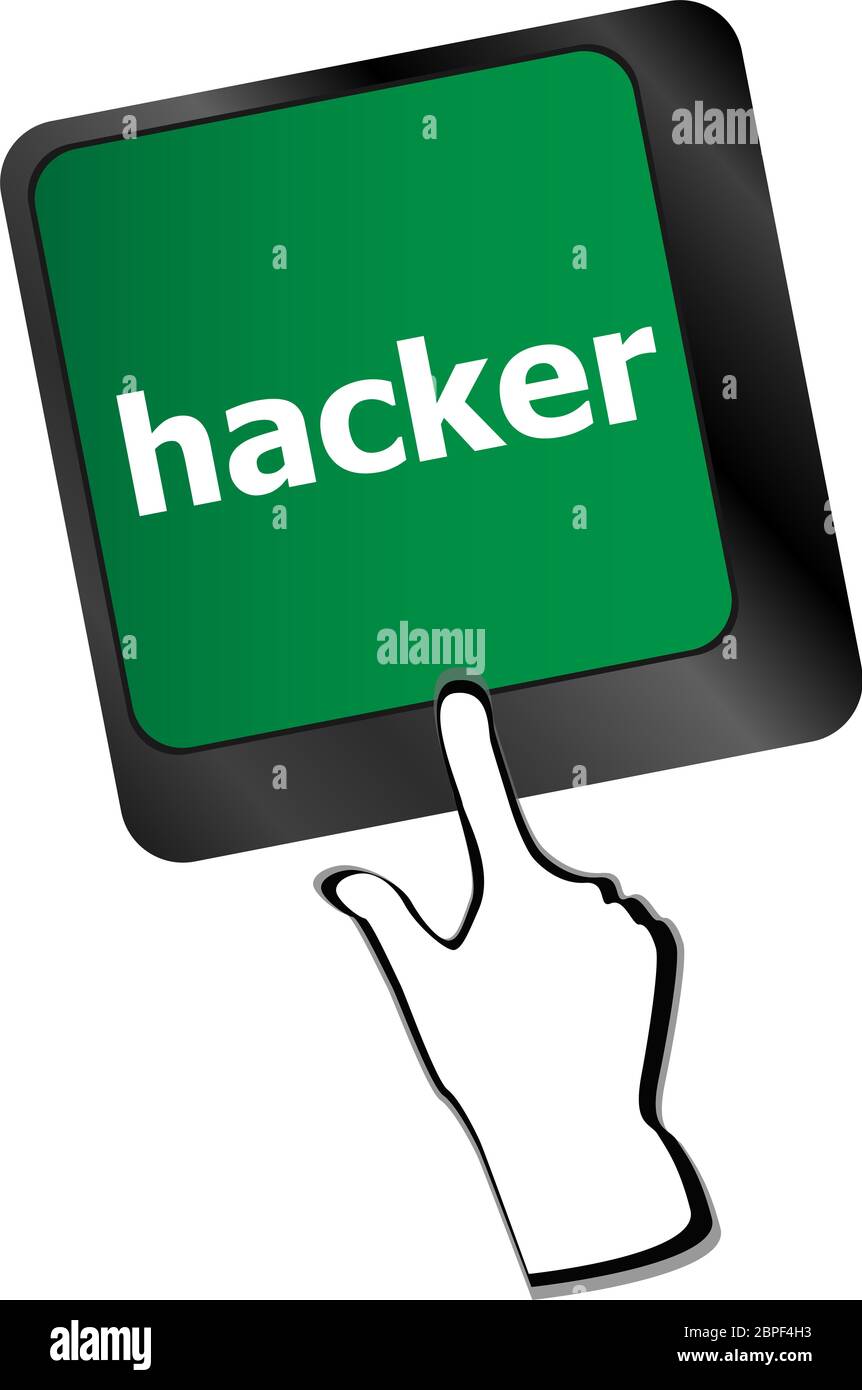 Hacker-Wort über Tastatur, Angriff, Internet-Terrorismus-Konzept Stockfoto
