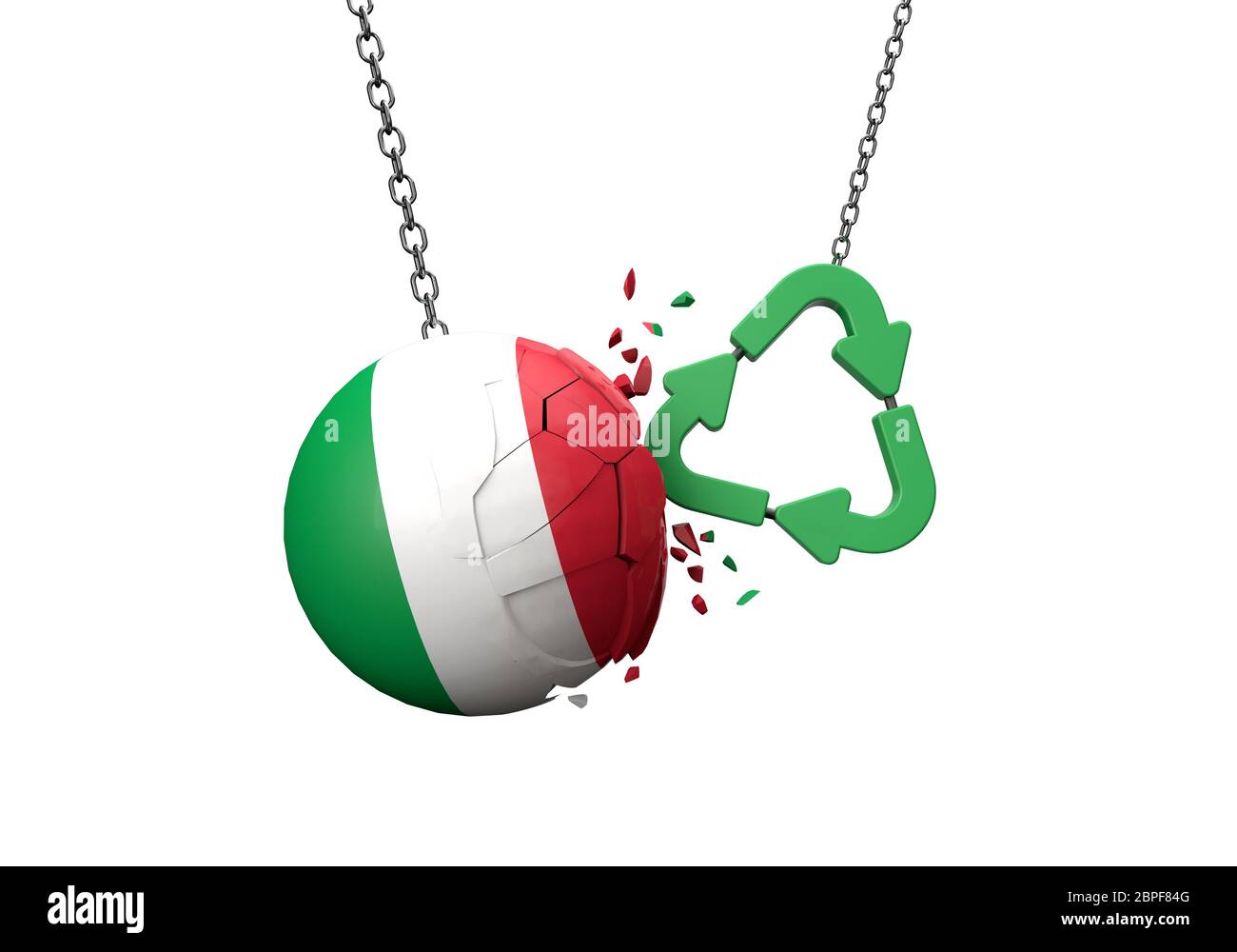 Green Recycling Symbol Absturz in eine Italien Flagge Ball. 3D-Rendering Stockfoto