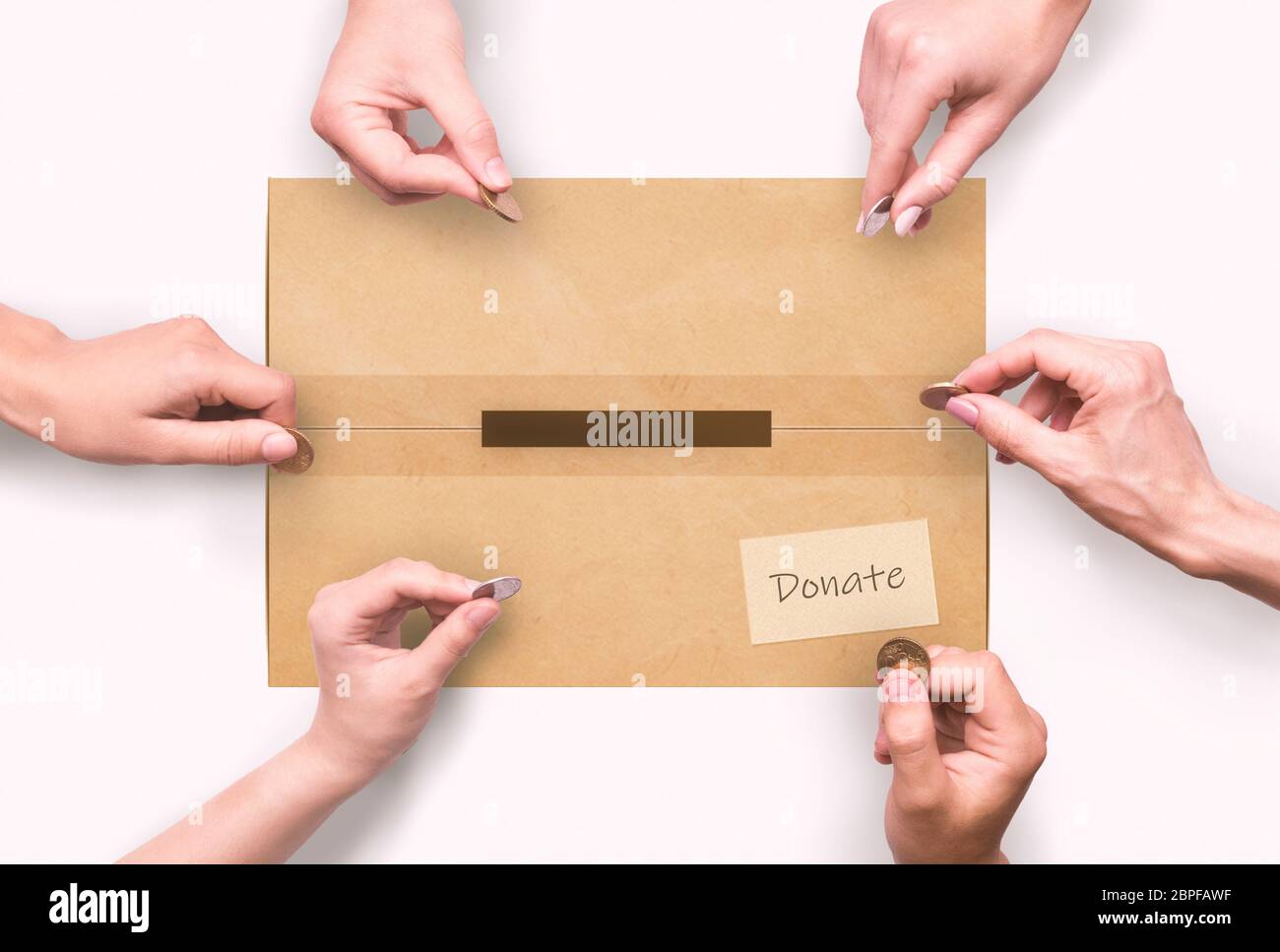 Charity and financial aid. Top view of people putting coins into donation box, white background. Collage Stockfoto
