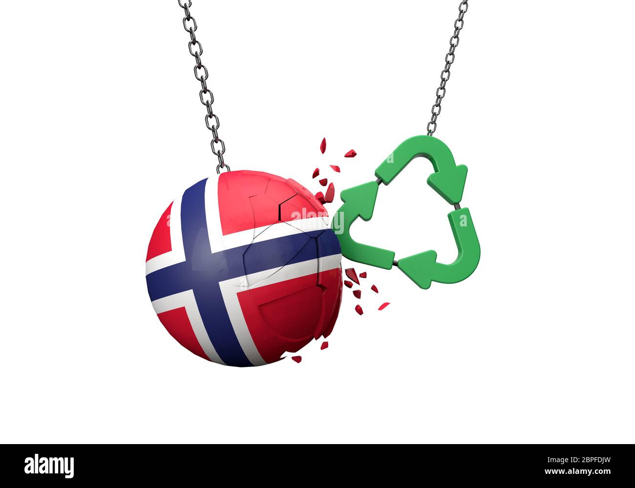 Grünes Recycling-Symbol stürzt in eine Norwegen Flagge Ball. 3D-Rendering Stockfoto