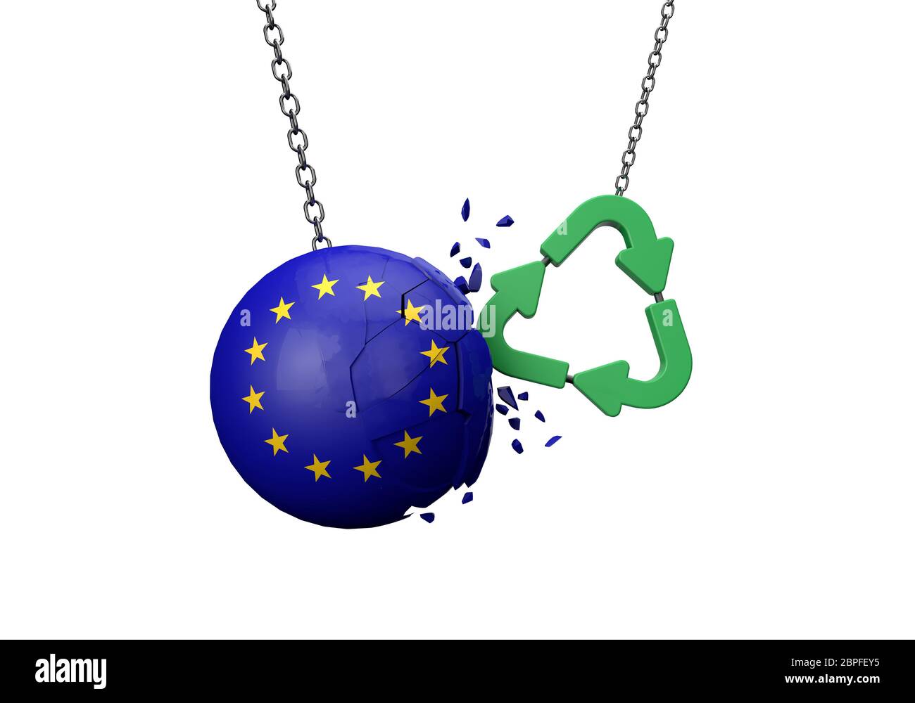 Grünes Recycling-Symbol stürzt in eine Flagge der Europäischen Union Ball. 3D-Rendering Stockfoto