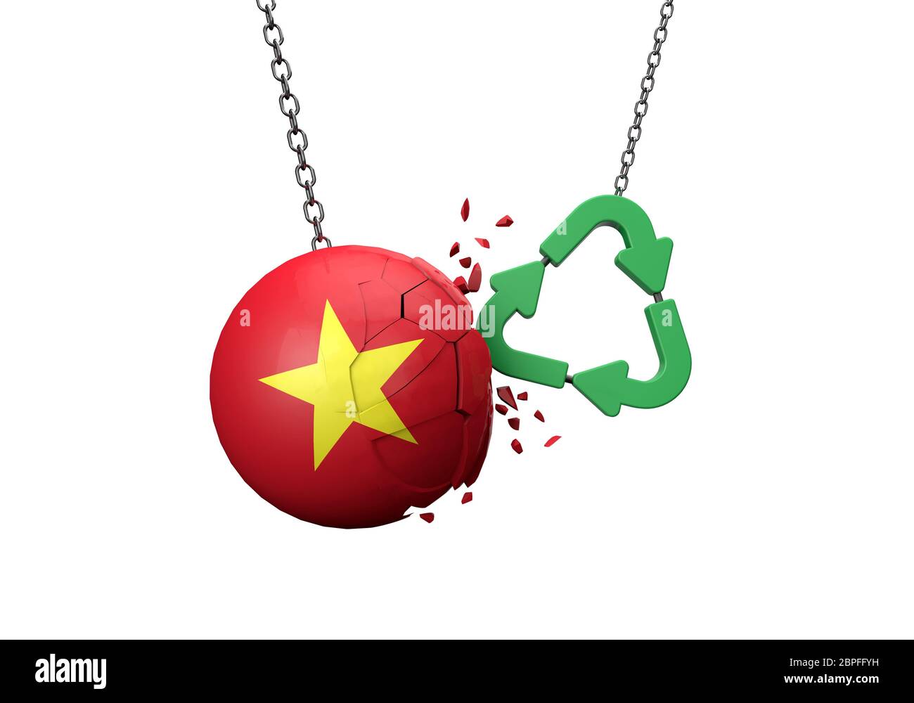 Green Recycling Symbol Absturz in eine Vietnam Flagge Ball. 3D-Rendering Stockfoto